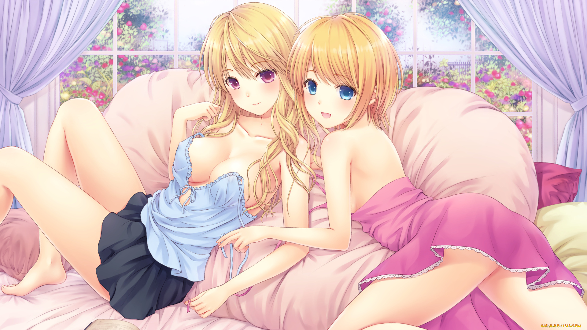 аниме, unknown, , другое, цветы, занавески, книга, сидят, диван, окно, арт, n-g, поза, девушки