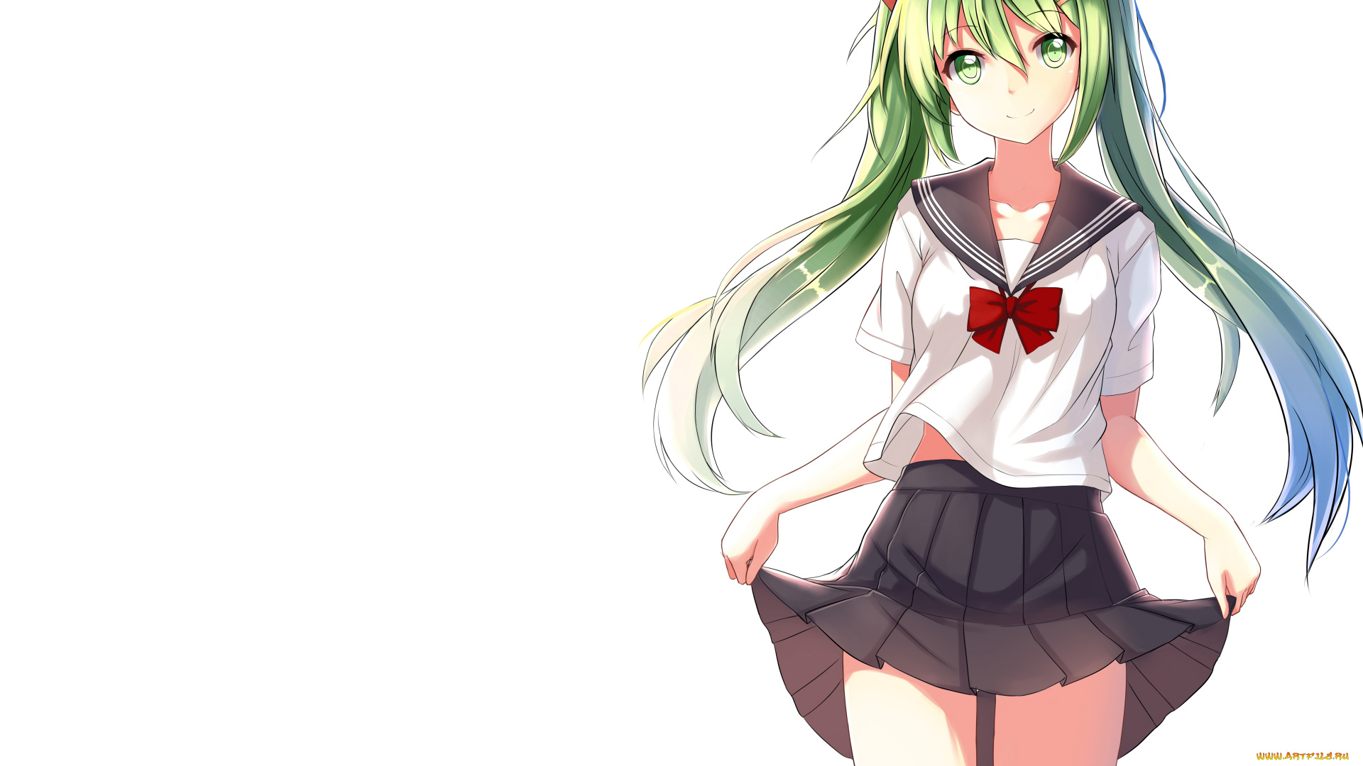 аниме, vocaloid, волосы, арт, зелёные, улыбка, взгляд, фон, белый, девушка, allenes, miku, hatsune