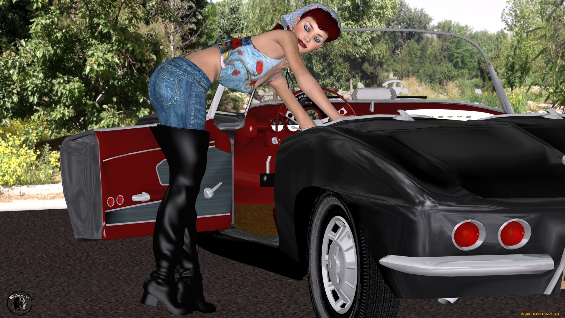 автомобили, 3d, car&girl, платок, сапоги, автомобиль, фон, взгляд, девушка