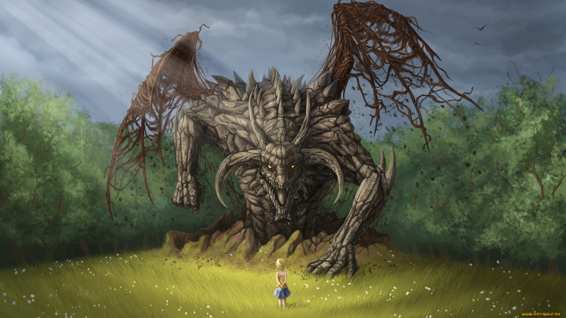 фэнтези, драконы, крылья, взгляд, дракон, лес, ромашки, арт, фантастика, полянка, девочка