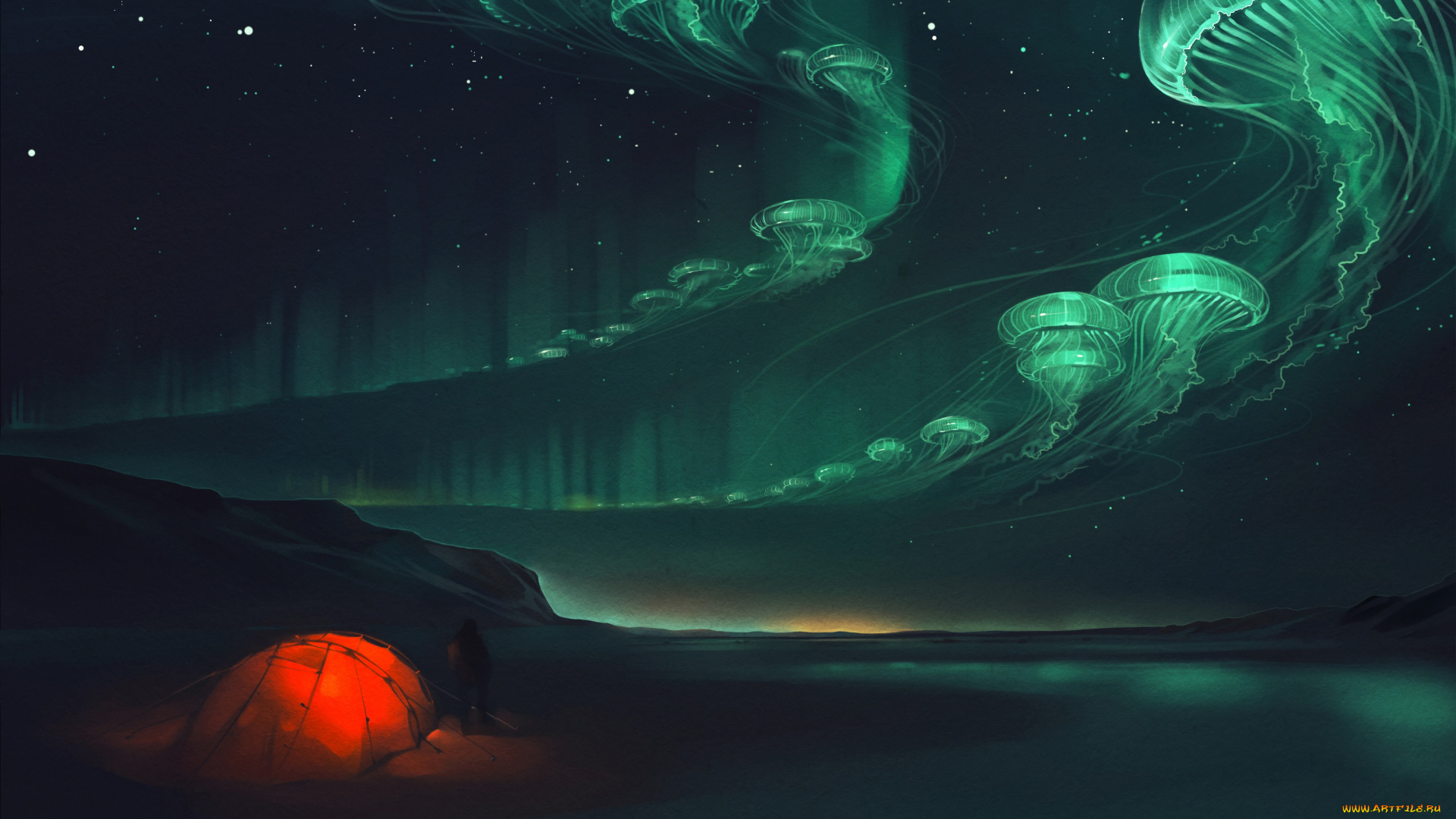 фэнтези, иные, миры, , иные, времена, силуэт, человек, свет, медузы, art, сияние, небо, звёздное, ночь, палатка