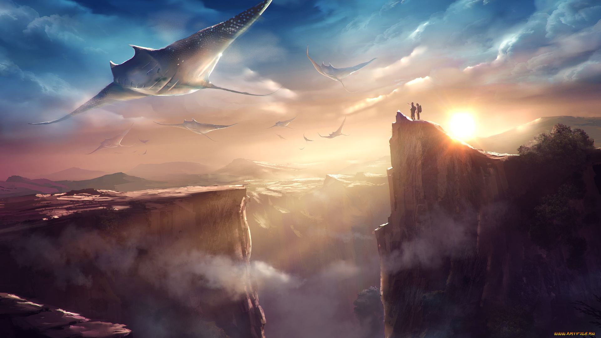 фэнтези, иные, миры, , иные, времена, солнце, art, рыба, скаты, пейзаж, силуэты, закат, люди, скалы, горы
