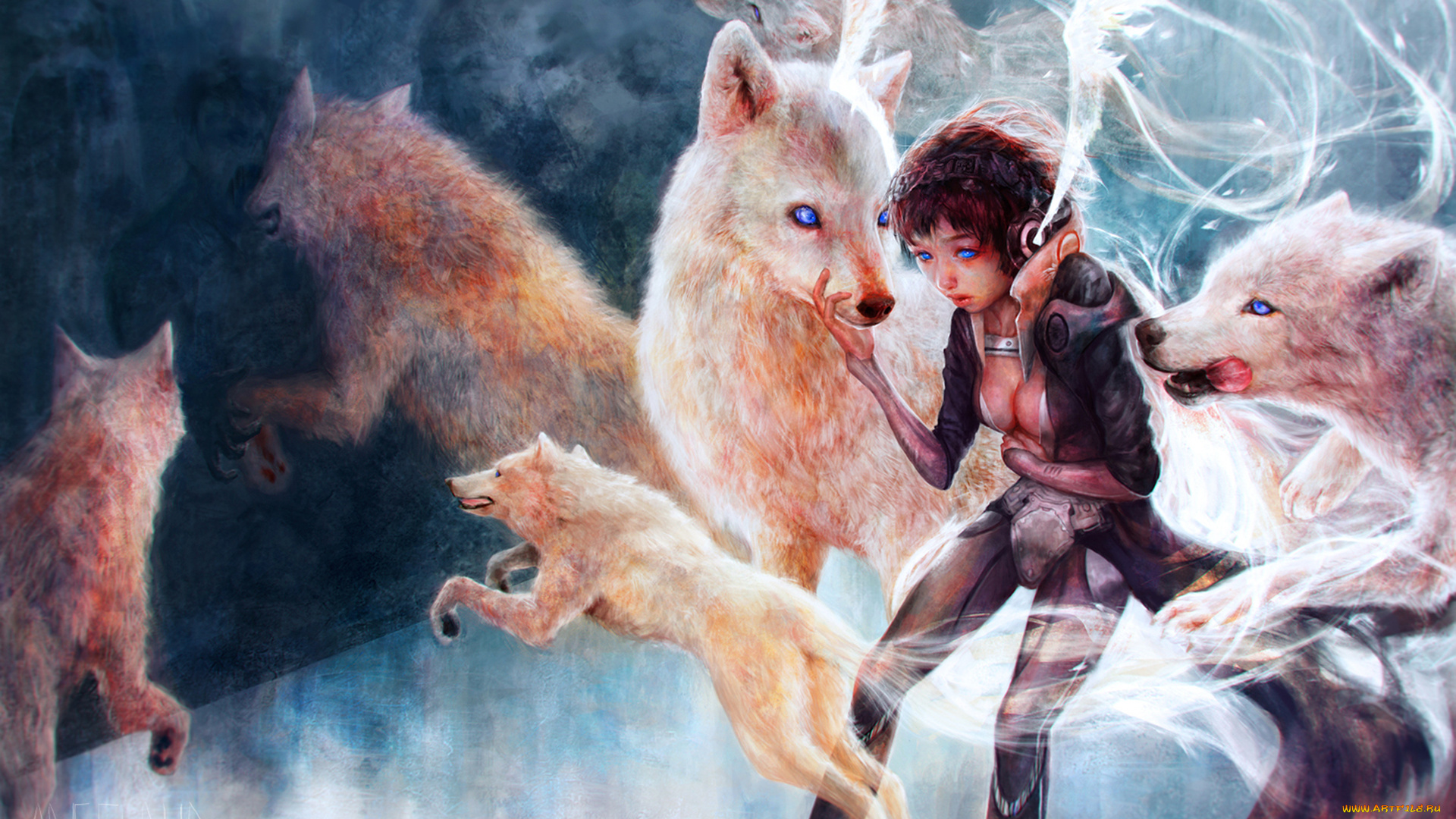 фэнтези, красавицы, и, чудовища, глаза, синие, магия, перья, стая, девочка, арт, волк