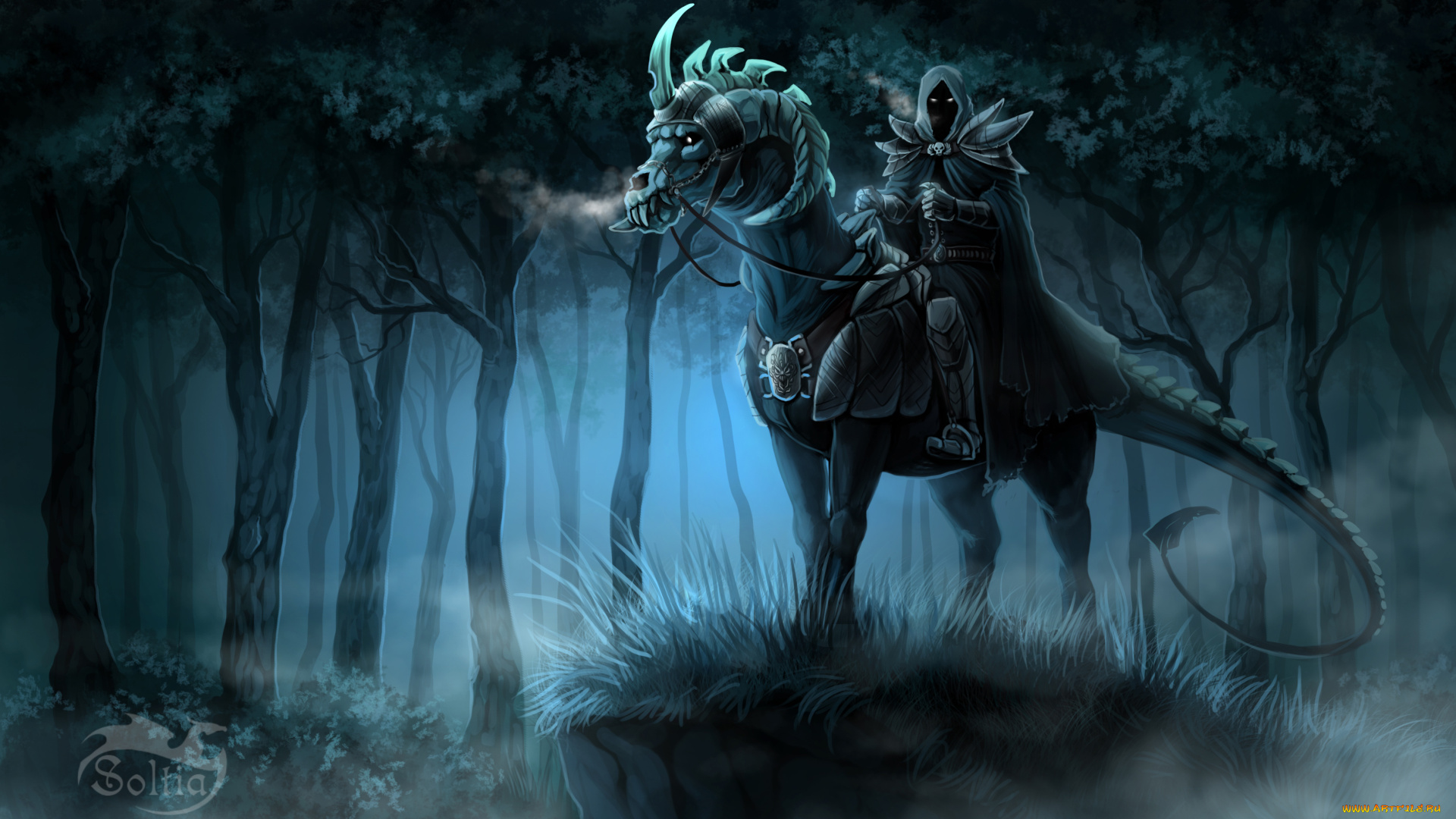 фэнтези, существа, лес, броня, ночь, арт, фантастика, взгляд, капюшон, всадник