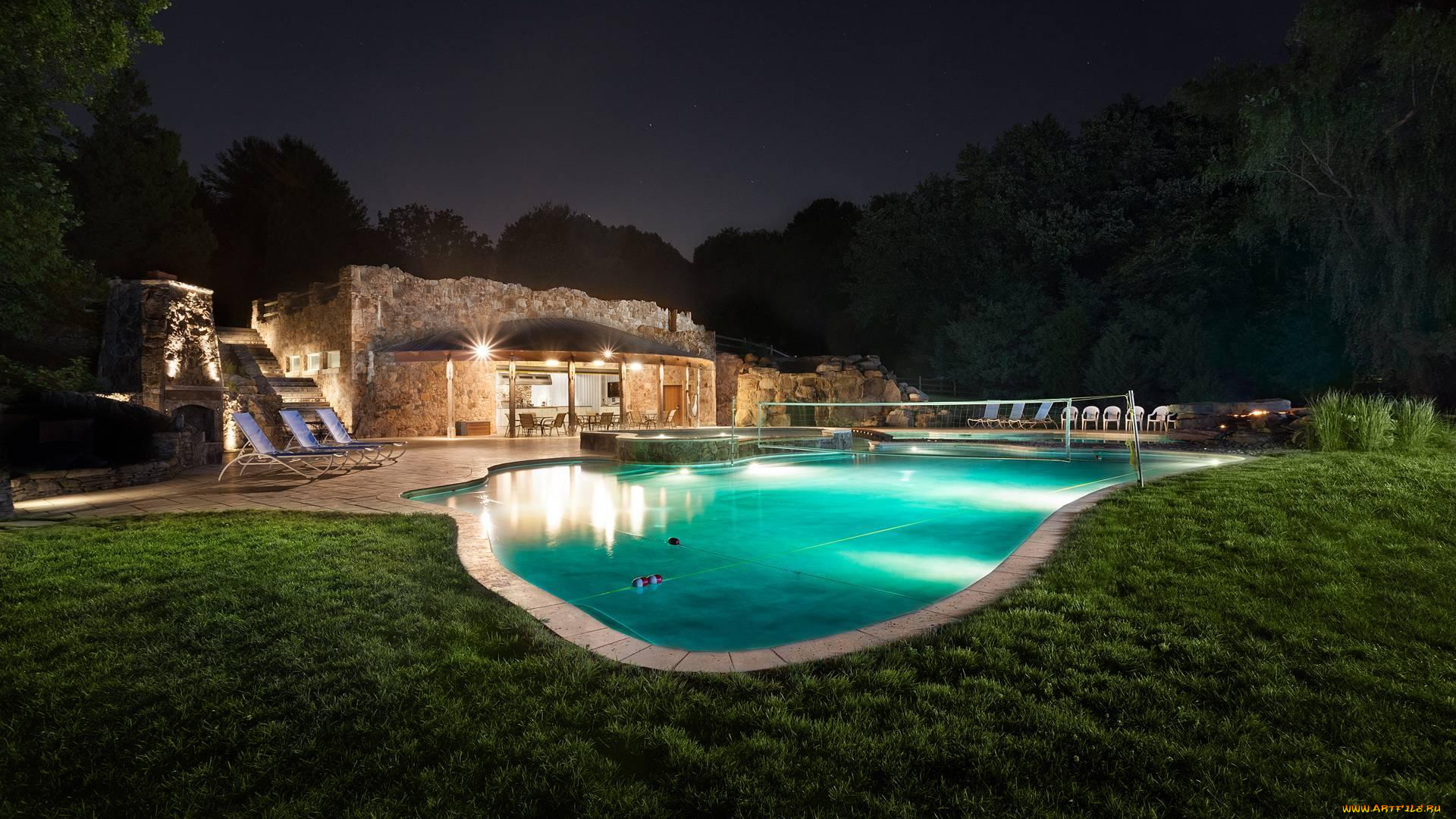 интерьер, бассейны, , открытые, площадки, ночь, парк, двор, деревья, дом, огни, бассейн
