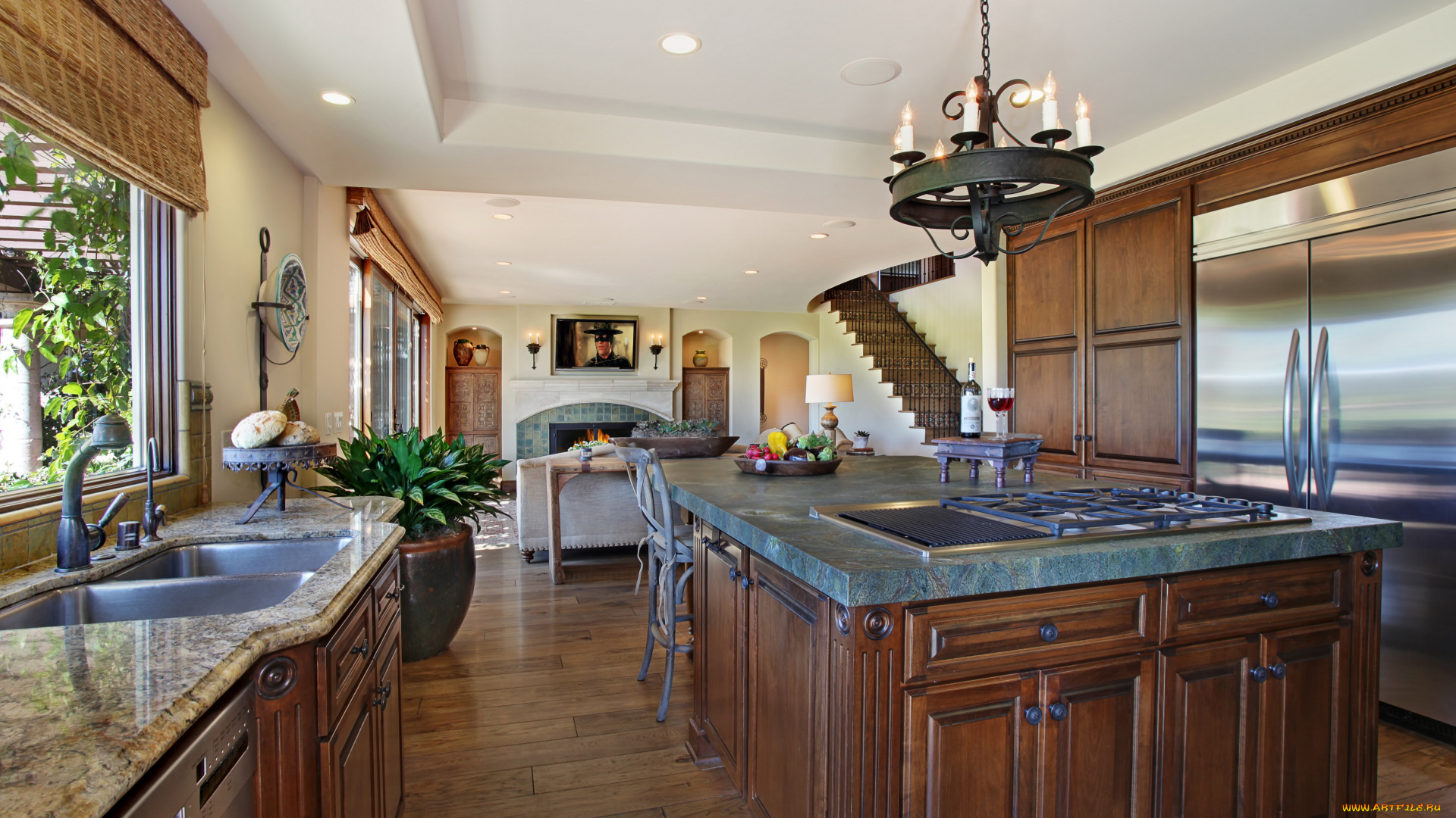 интерьер, кухня, люстра, мебель