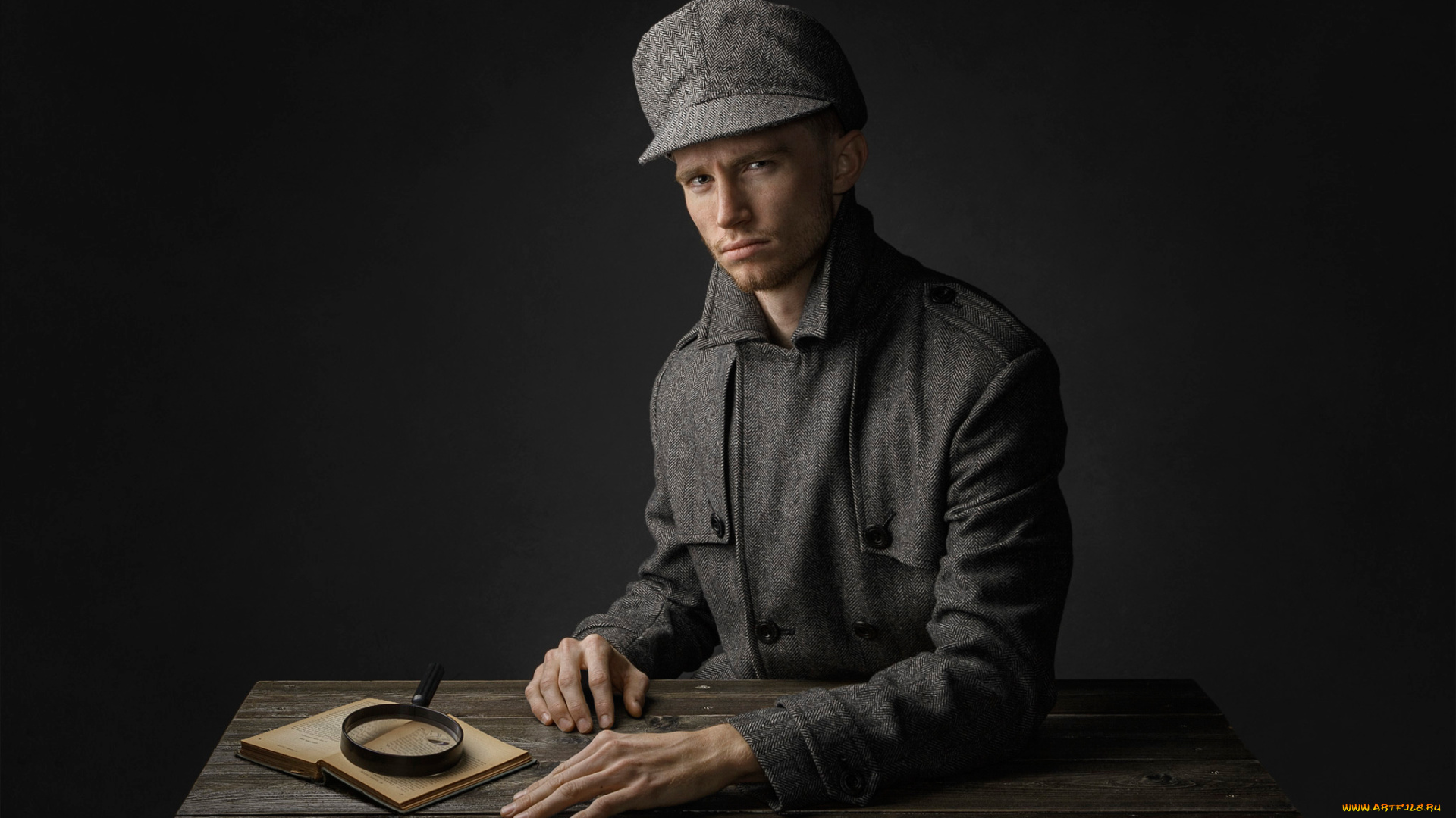 мужчины, -, unsort, парень, взгляд, шапка, сыщик, лупа, книга, пальто, стол, студия, портрет, the, inspector