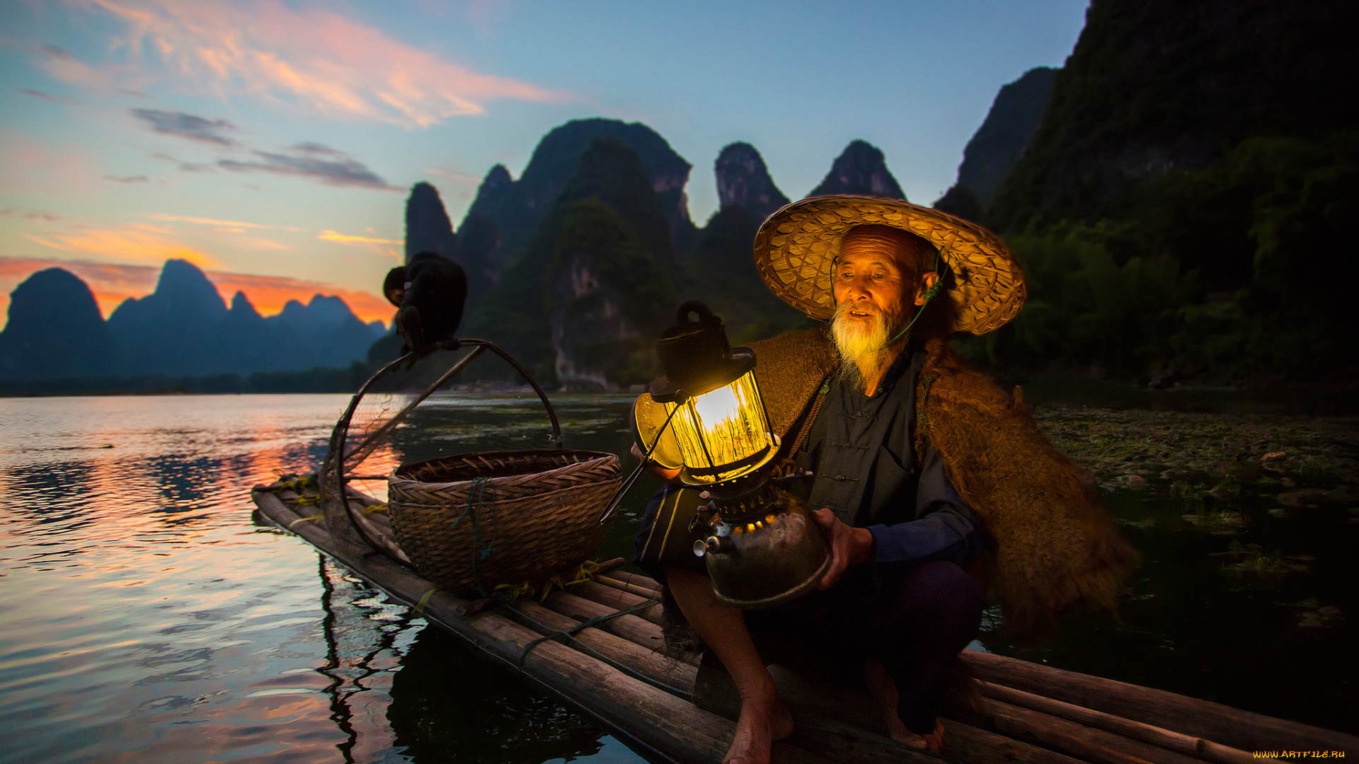 разное, рыбалка, , рыбаки, , улов, , снасти, район, гуанси-Чжуанск, фонарь, лодка, рыбак, река, гуйцзян, китай