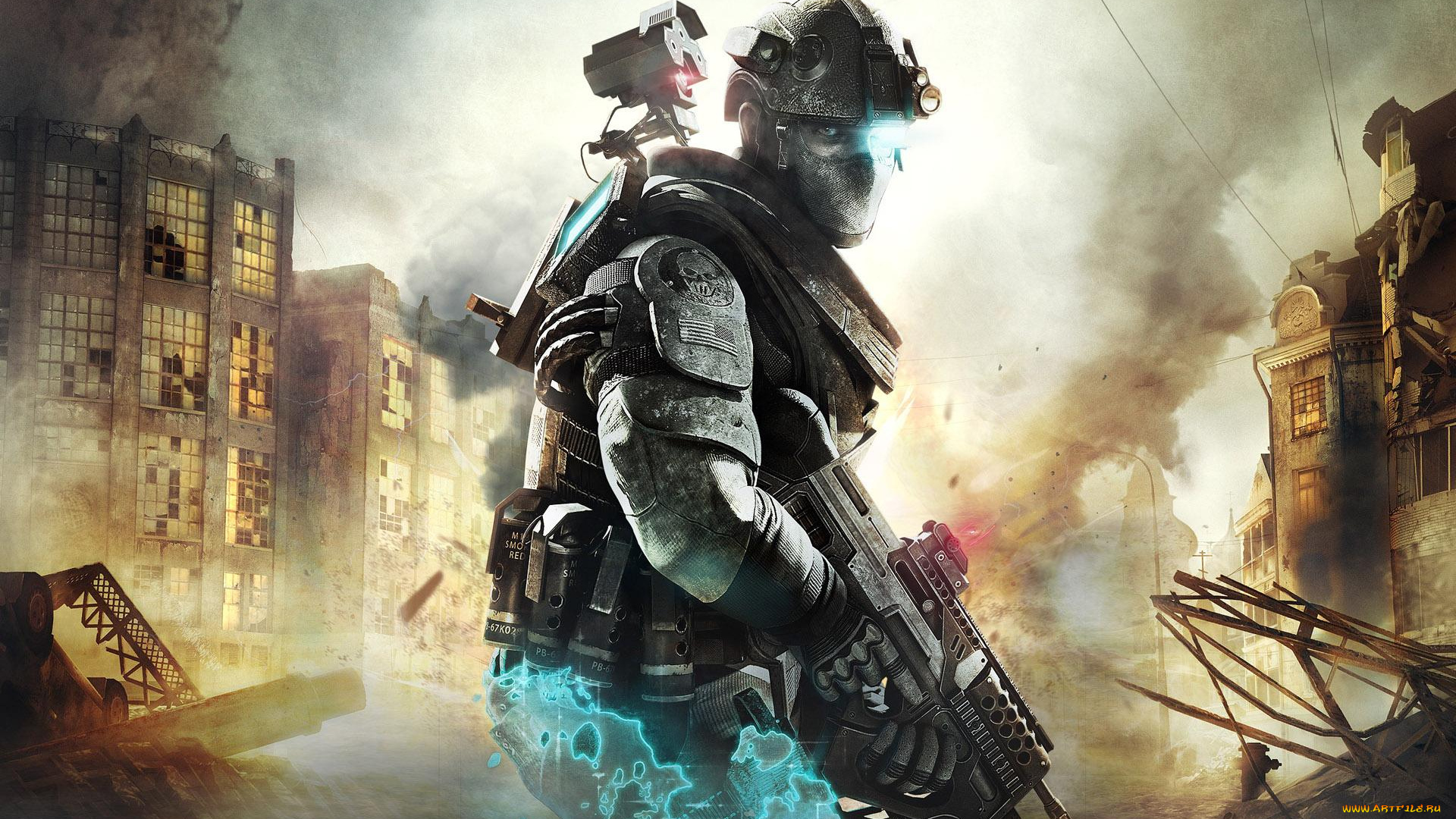 видео, игры, ghost, recon, будущее, солдат, воин, оружие, амуниция, война, разруха, дым, город, развалины, руины