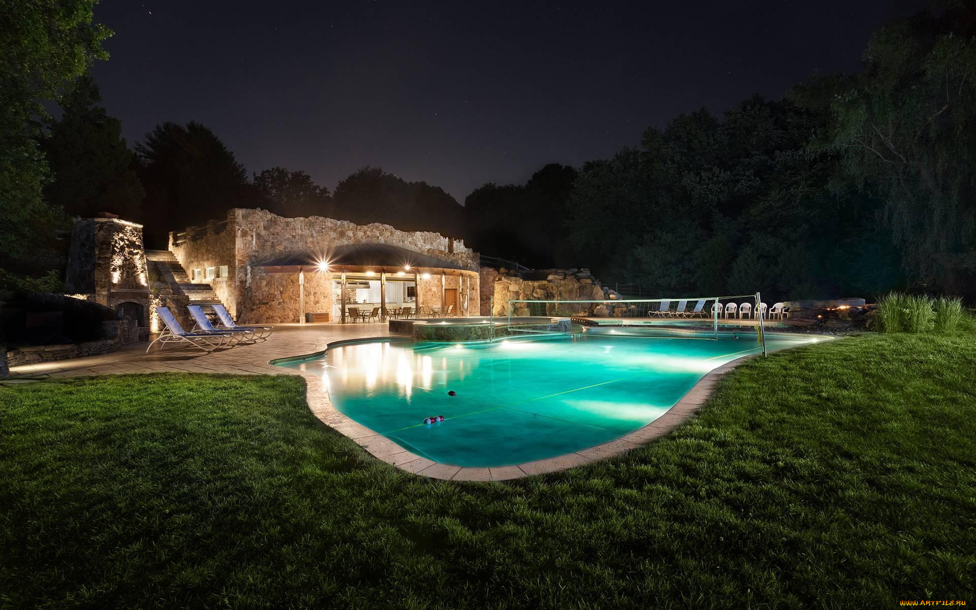 интерьер, бассейны, , открытые, площадки, ночь, парк, двор, деревья, дом, огни, бассейн