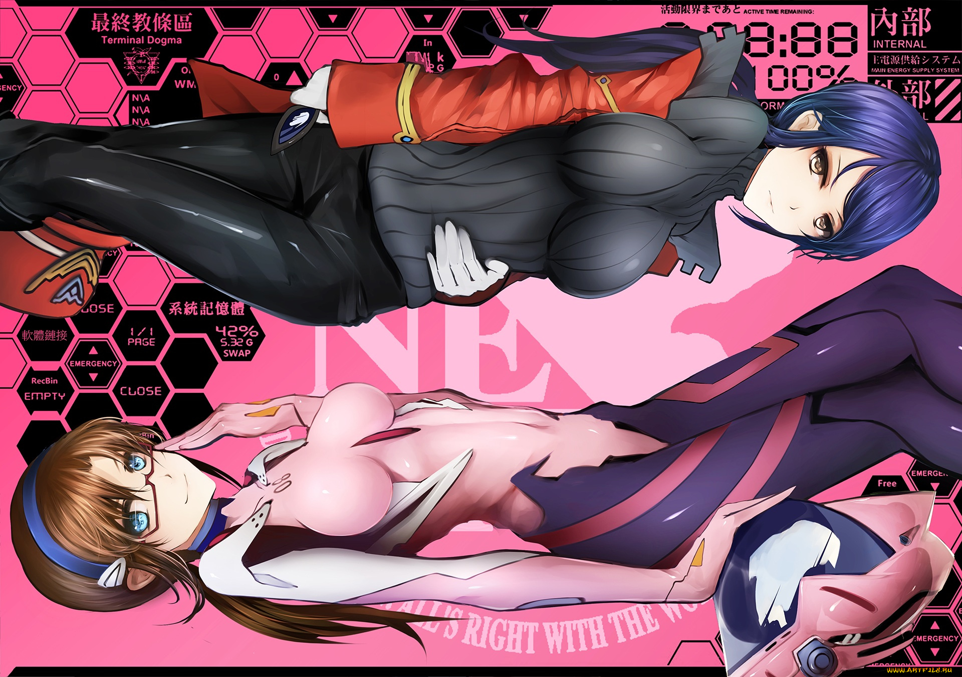 аниме, evangelion, neon, genesis, katsuragi, девушки, лежат, костюмы, misato, makinami, mari, illustrious