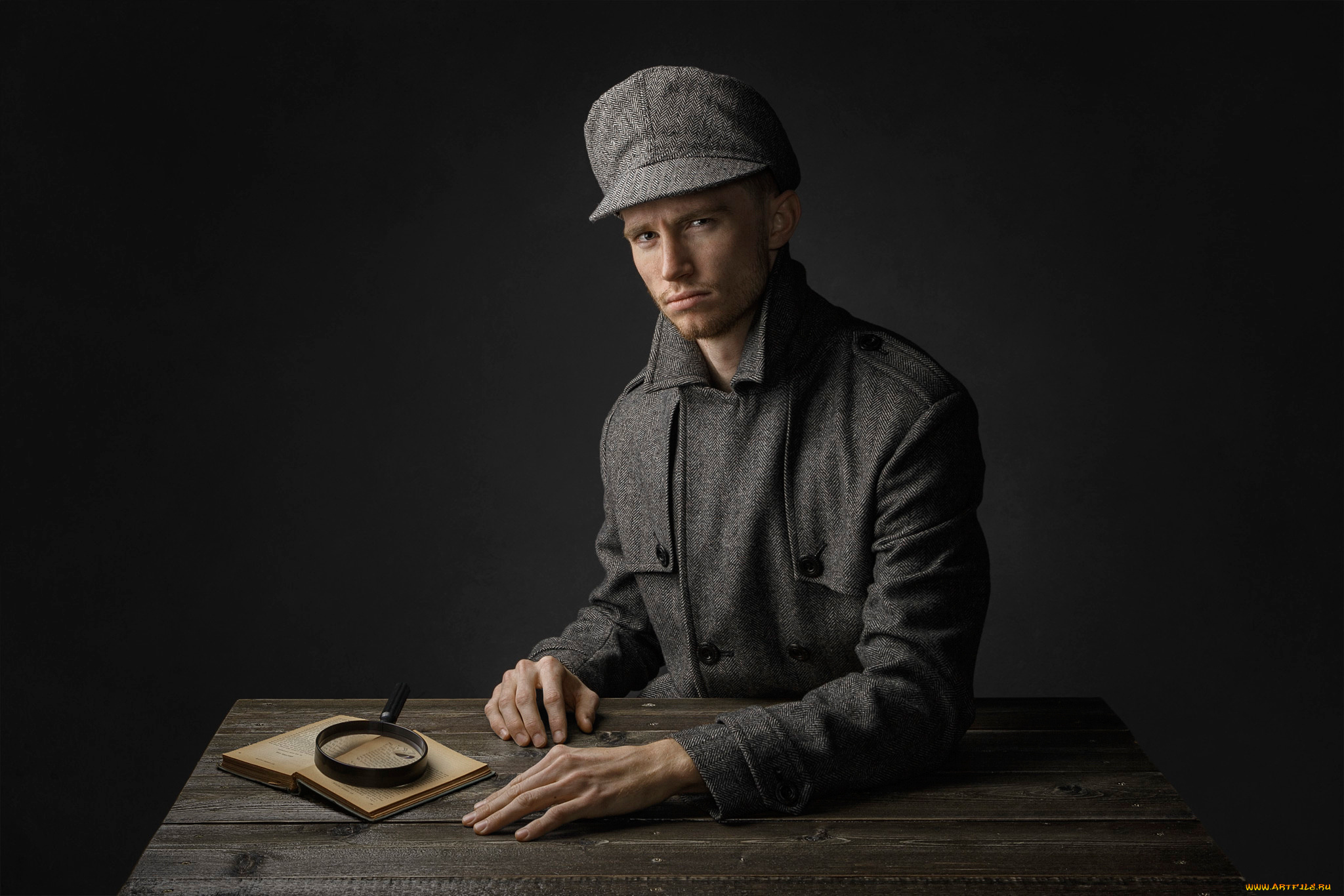 мужчины, -, unsort, парень, взгляд, шапка, сыщик, лупа, книга, пальто, стол, студия, портрет, the, inspector