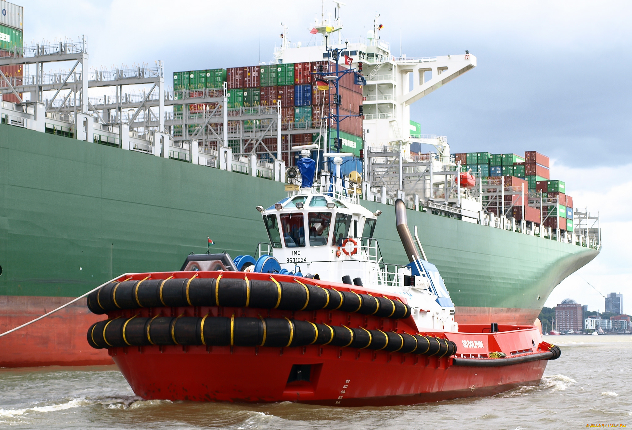 sd, dolphin, корабли, разные, вместе, контейнеровоз, буксир