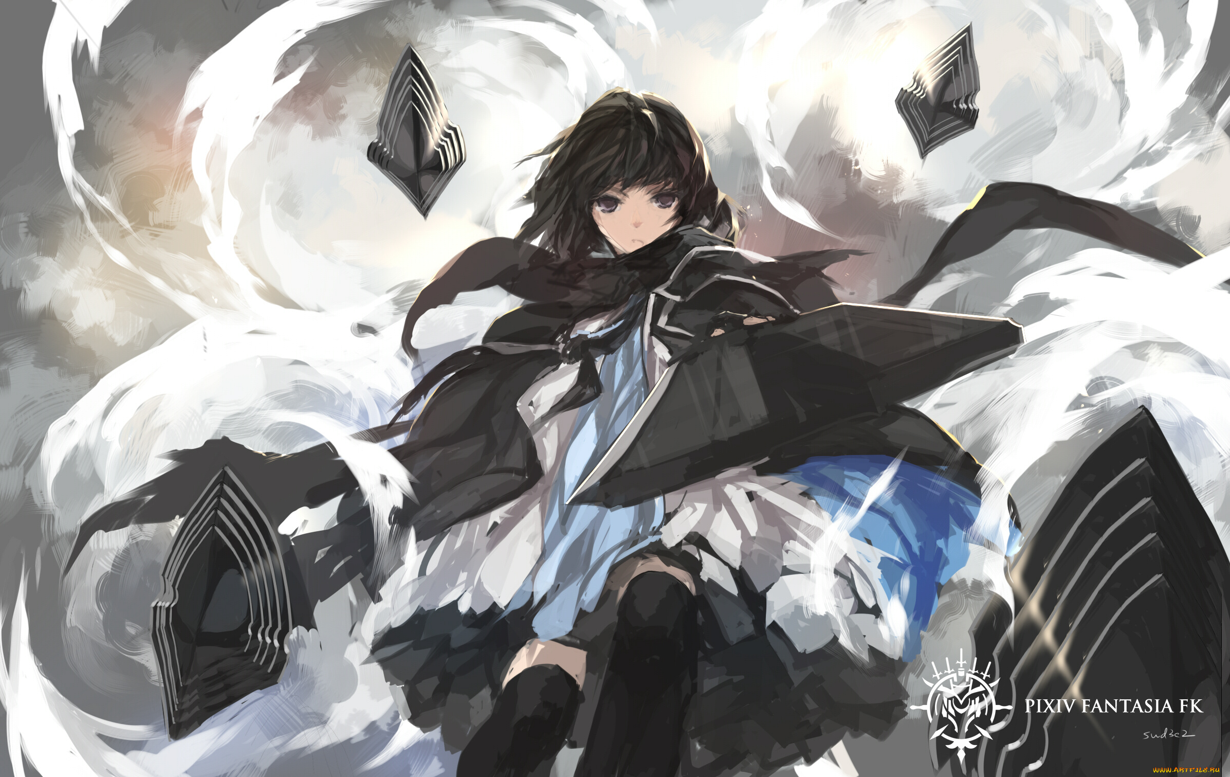 аниме, pixiv, fantasia, брюнетка, взгляд, оружие, pixiv, fantasia, paradise, pffk, swd3e2, арт, девушка