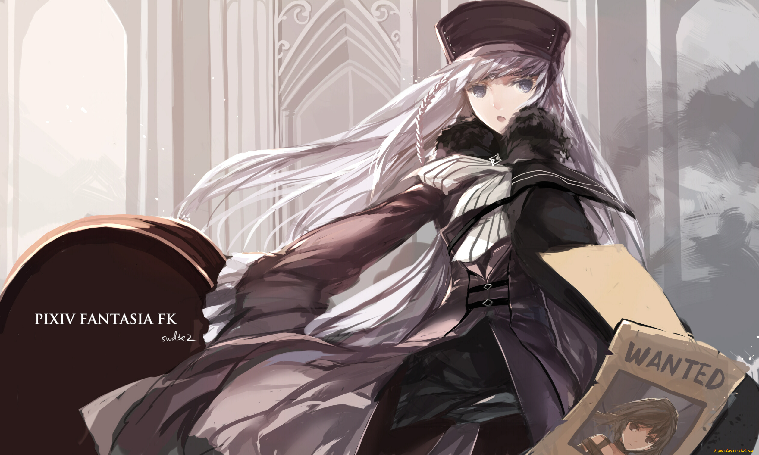 аниме, pixiv, fantasia, pixiv, fantasia, swd3e2, арт, девушка, плакат, волосы, косички, взгляд, шапка