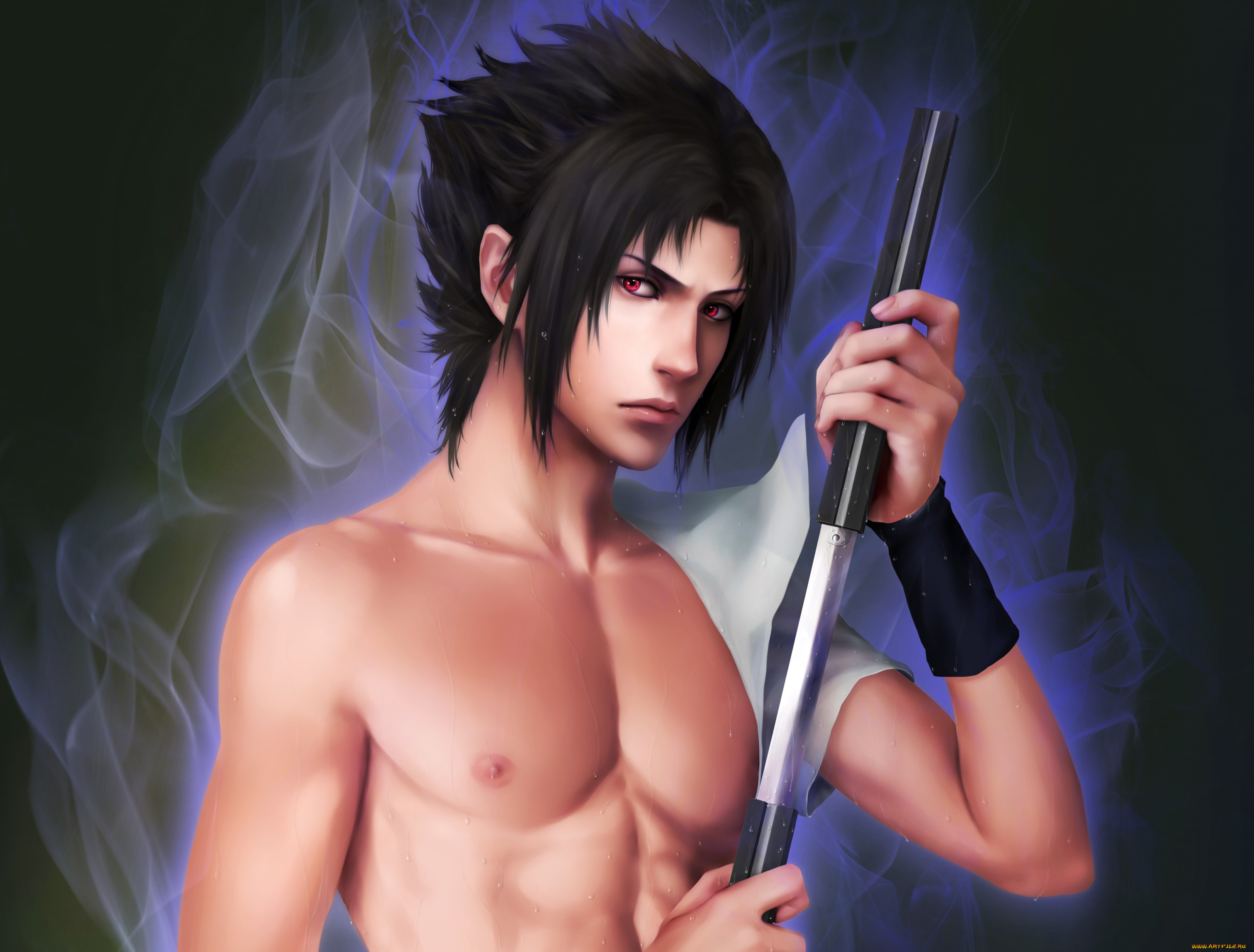 аниме, naruto, шаринган, катана, учиха, саске, парень, арт