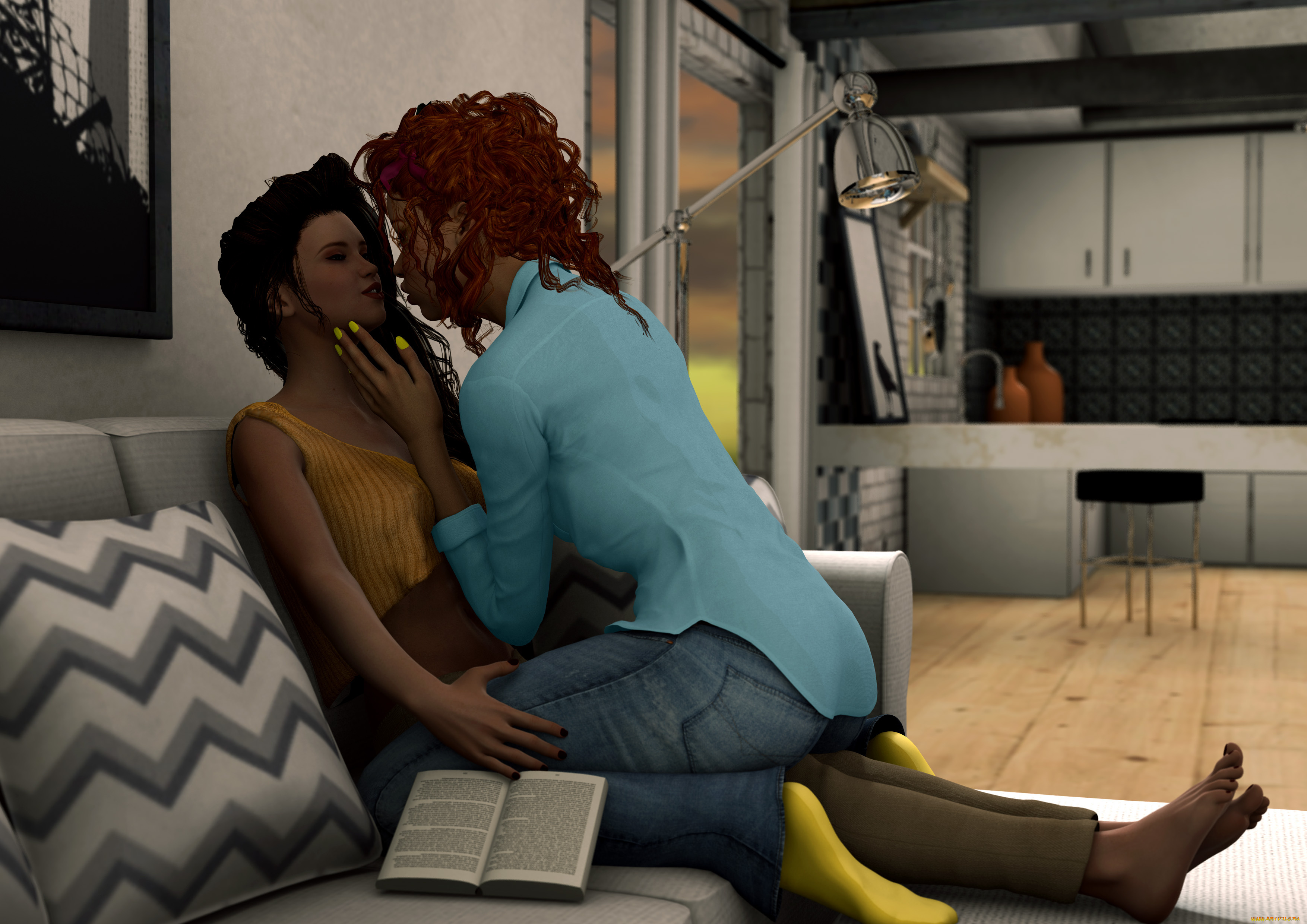 3д, графика, люди, , people, девушки, взгляд, диван, ласки, книга