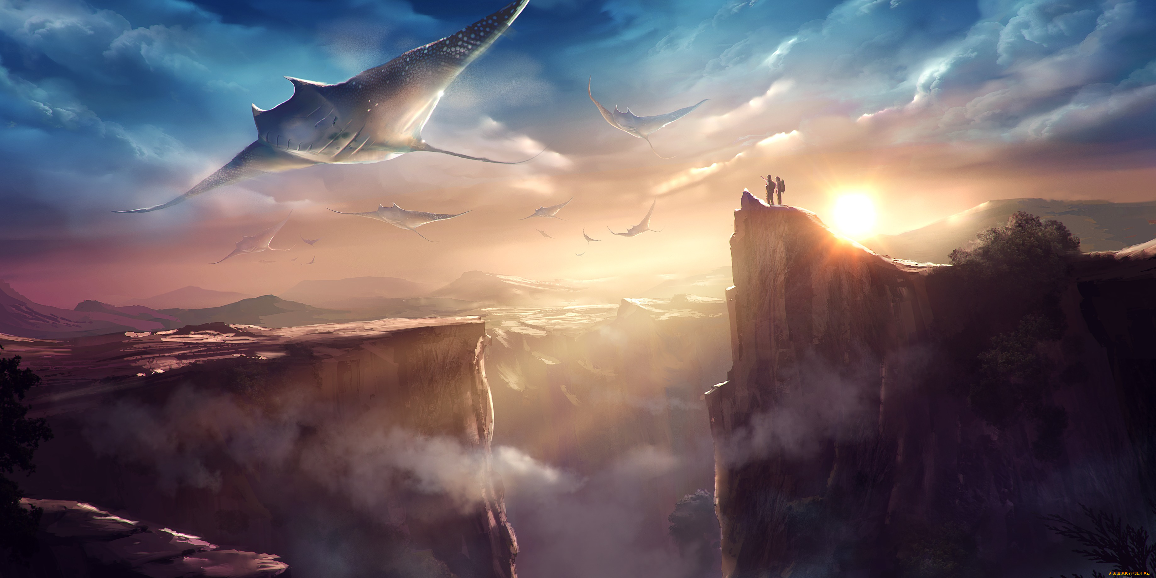 фэнтези, иные, миры, , иные, времена, солнце, art, рыба, скаты, пейзаж, силуэты, закат, люди, скалы, горы