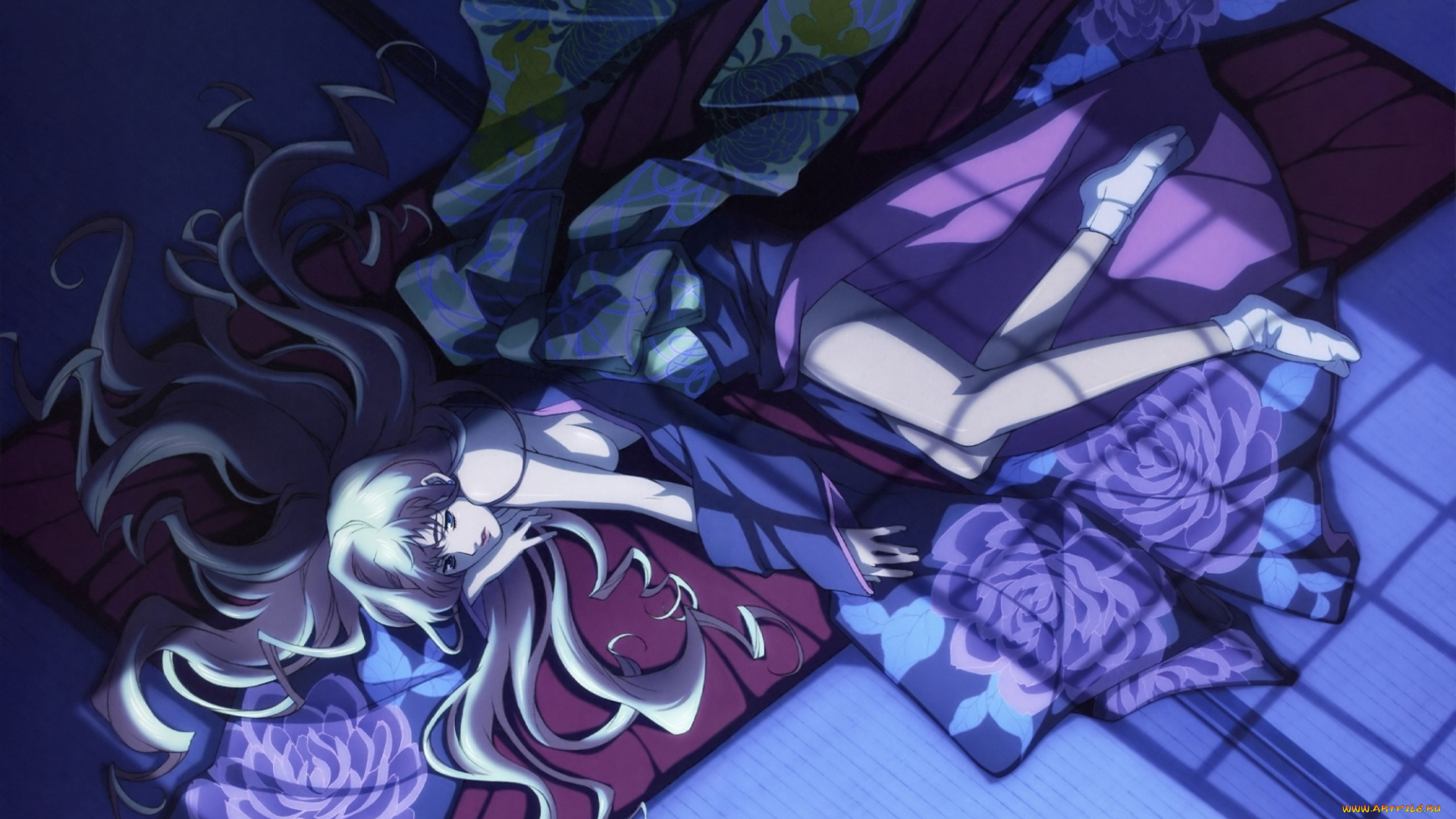 аниме, macross, frontier, длинные, волосы, ночь, футон, кимоно, лежит, macross, frontier, sheryl, nome