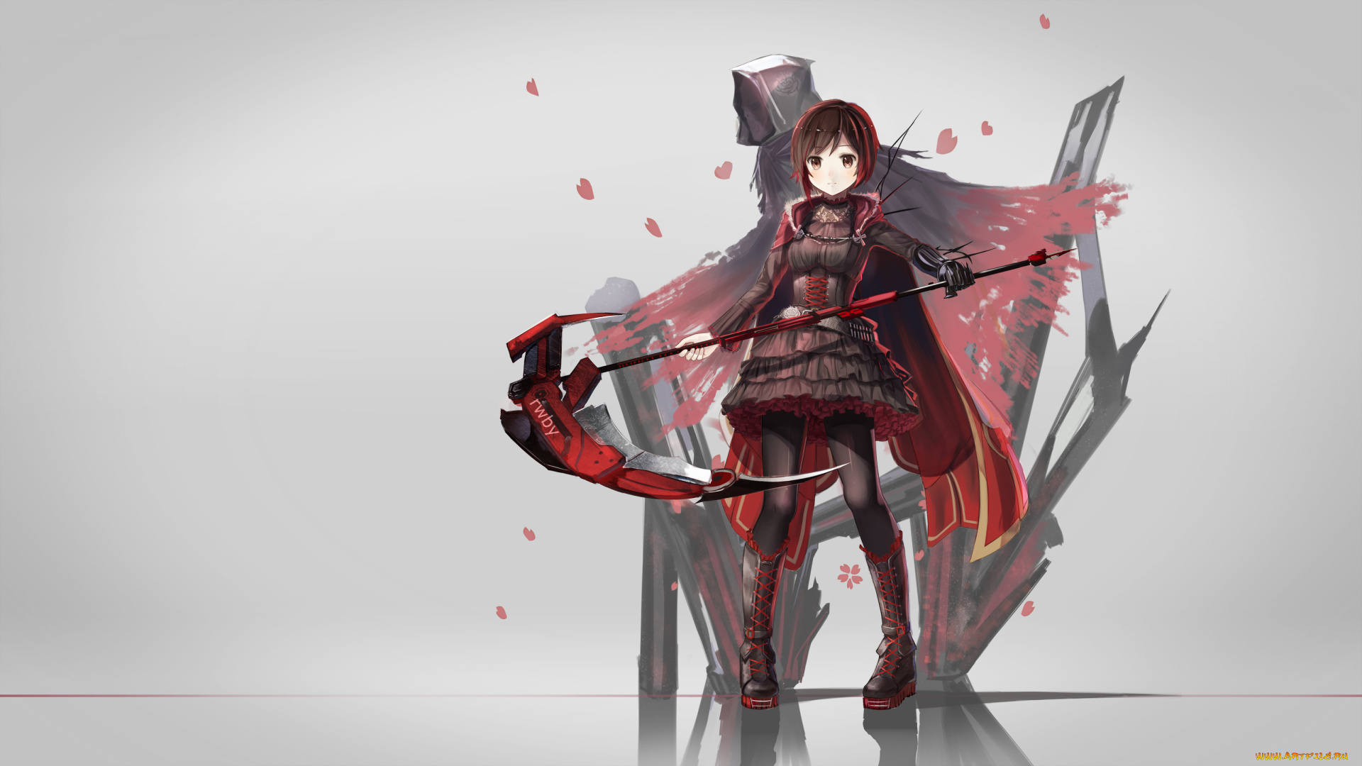 аниме, rwby, коса, оружие, нежить, девушка, фон, арт, red, flowers, ruby, rose