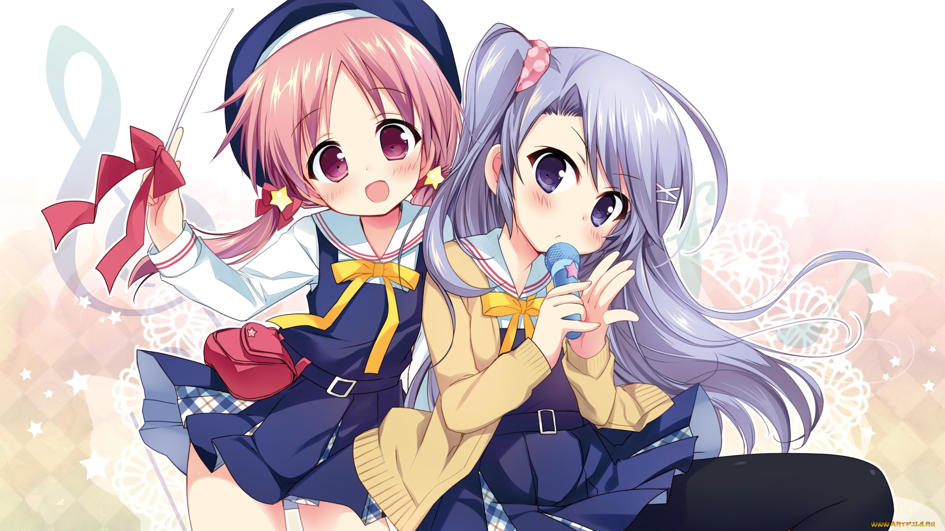 аниме, unknown, , другое, нагаяма, yuunon, микрофон, румянец, шляпа, seifuku, thighhighs, розовые, волосы, колготки, голубые