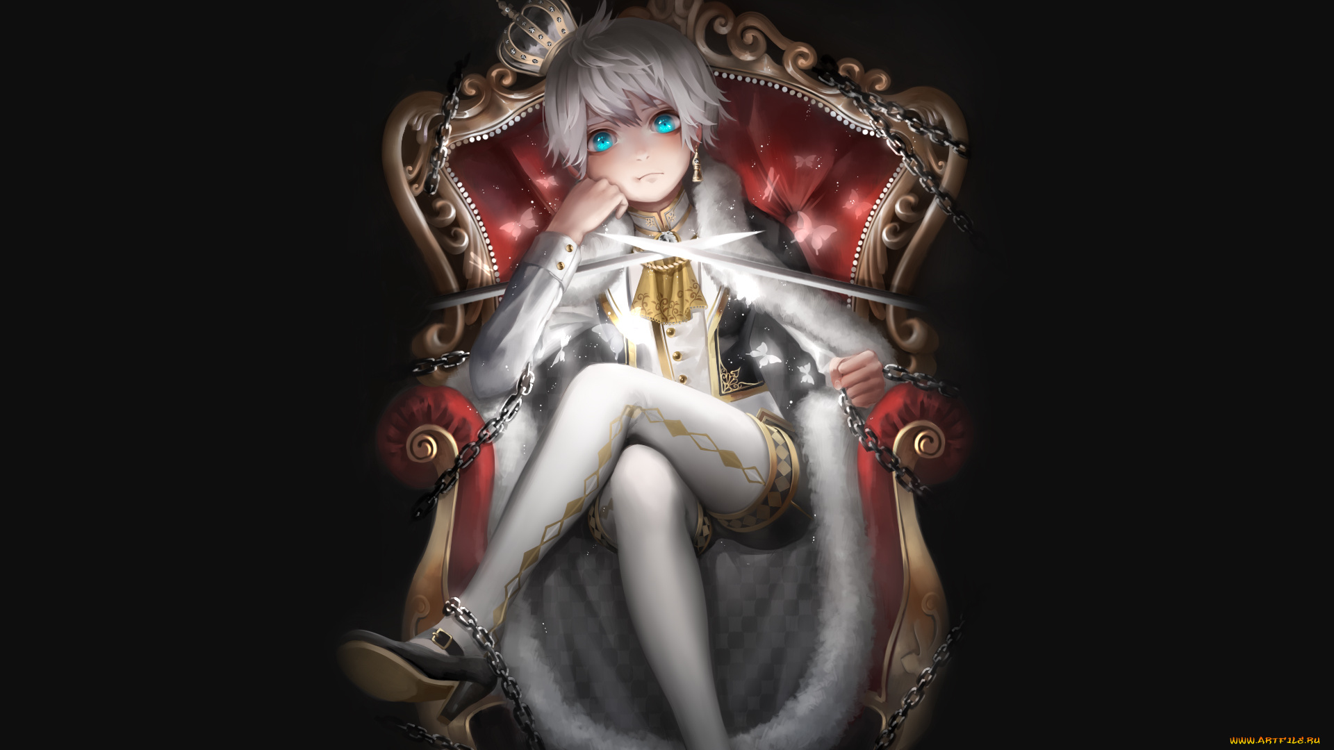 аниме, unknown, , другое, шахматы, цепи, девушка, корона, королева, мечи