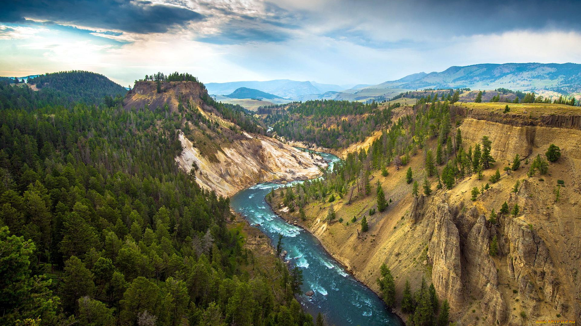 природа, реки, озера, панорама, река, тучи, небо, ущелье, лес, деревья, горы