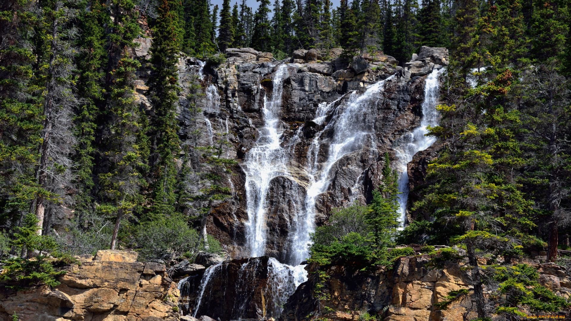 природа, водопады, река, водопад, лес