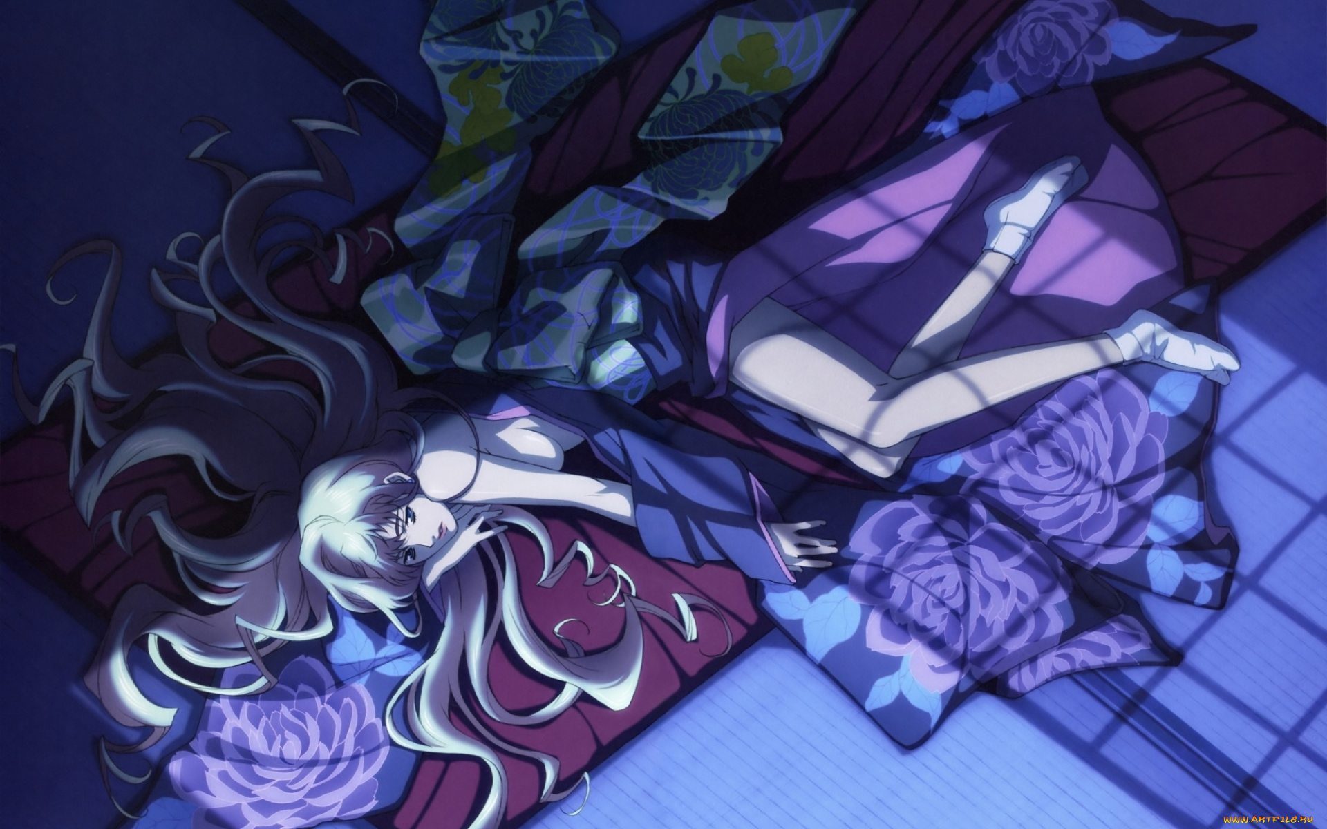 аниме, macross, frontier, длинные, волосы, ночь, футон, кимоно, лежит, macross, frontier, sheryl, nome