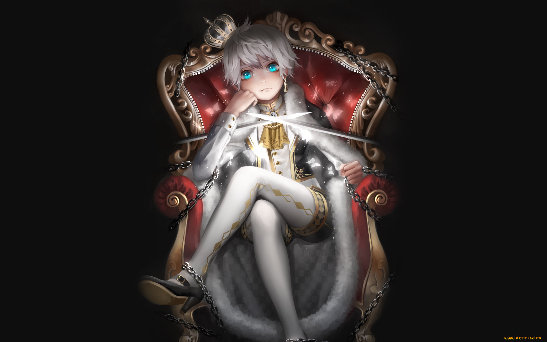 аниме, unknown, , другое, шахматы, цепи, девушка, корона, королева, мечи