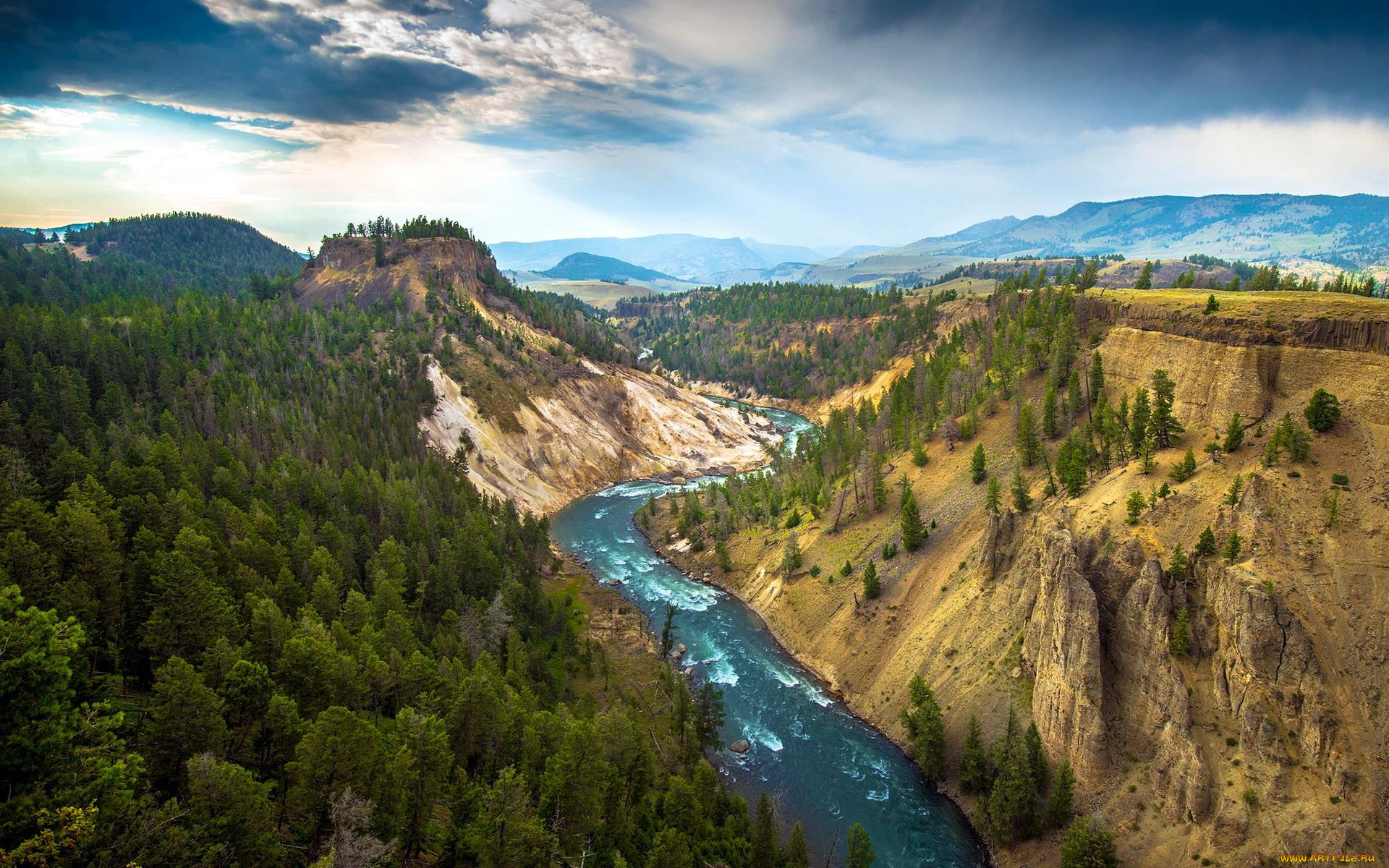 природа, реки, озера, панорама, река, тучи, небо, ущелье, лес, деревья, горы