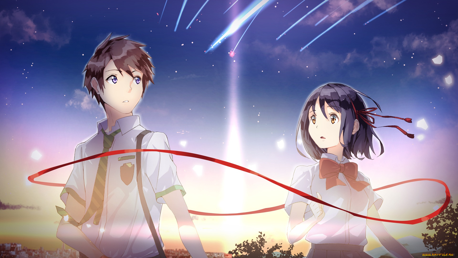 аниме, kimi, no, na, wa, парень, фон, взгляд, девушка