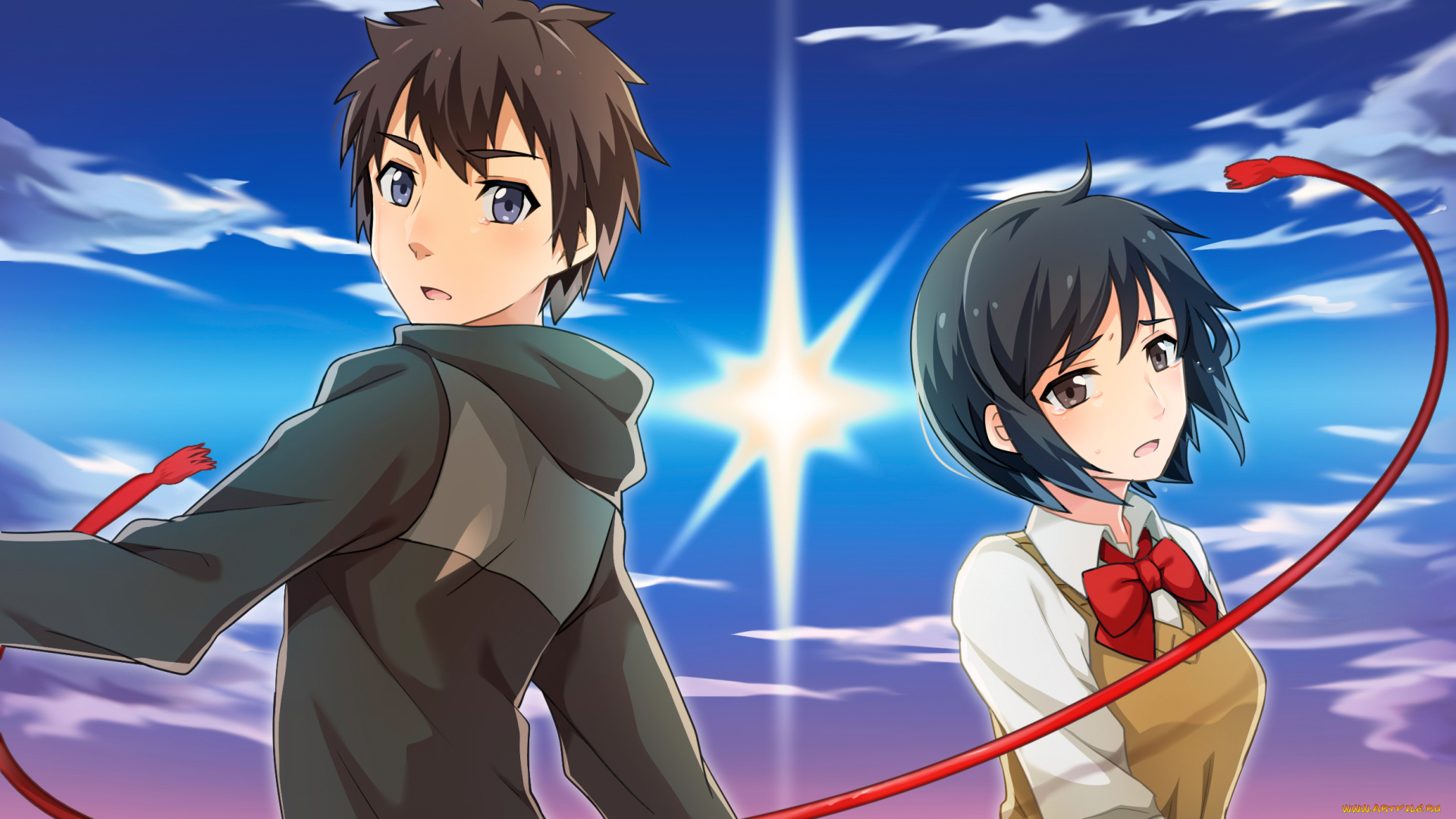 аниме, kimi, no, na, wa, взгляд, девушка, парень, фон