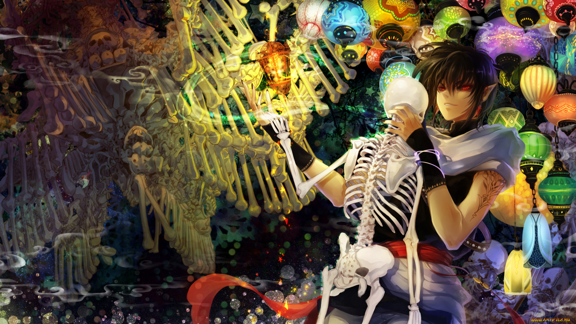 аниме, магия, , колдовство, , halloween, парень, кости, скелет, фонарики, эльф