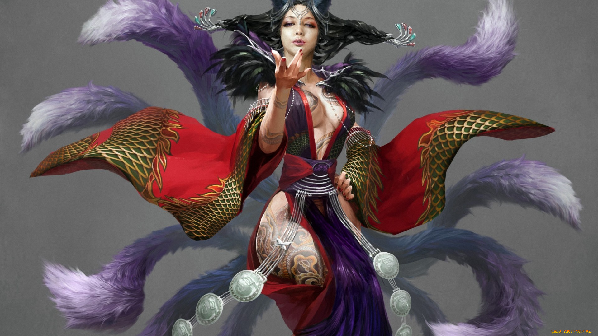 фэнтези, существа, фон, девушка, хвосты, уши, татуировки, арт