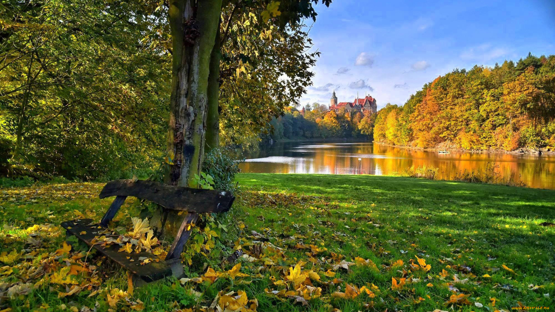 города, -, пейзажи, река, замок, листья, осень