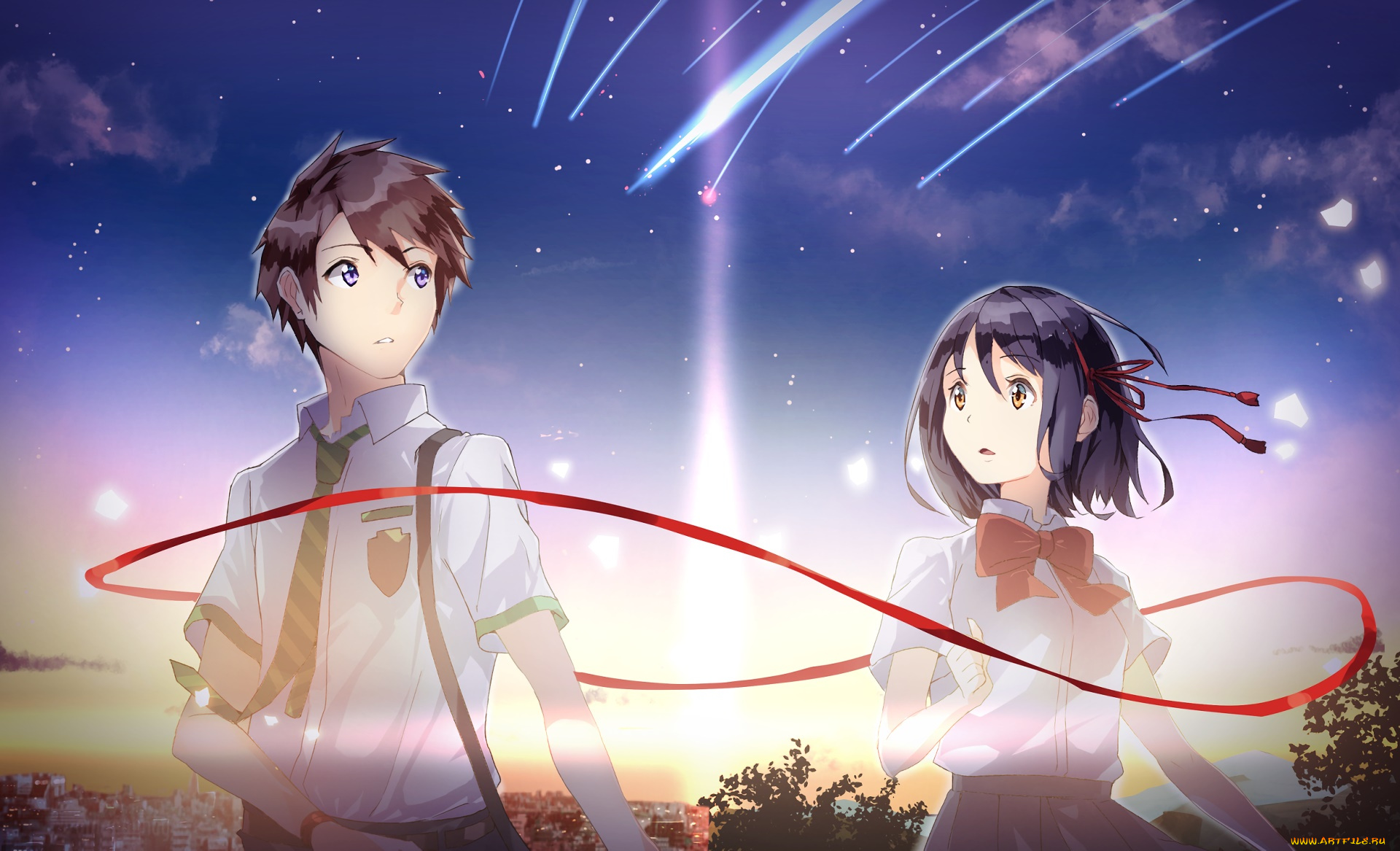аниме, kimi, no, na, wa, парень, фон, взгляд, девушка