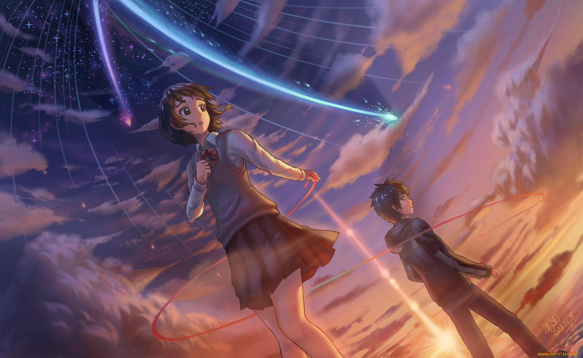 аниме, kimi, no, na, wa, взгляд, парень, фон, девушка