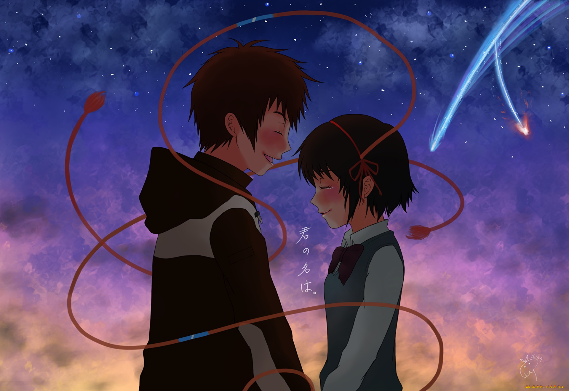 аниме, kimi, no, na, wa, взгляд, девушка, парень, фон