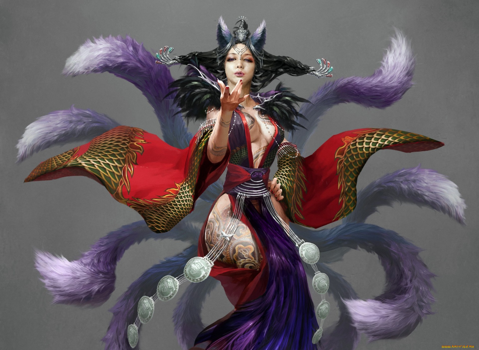 фэнтези, существа, фон, девушка, хвосты, уши, татуировки, арт
