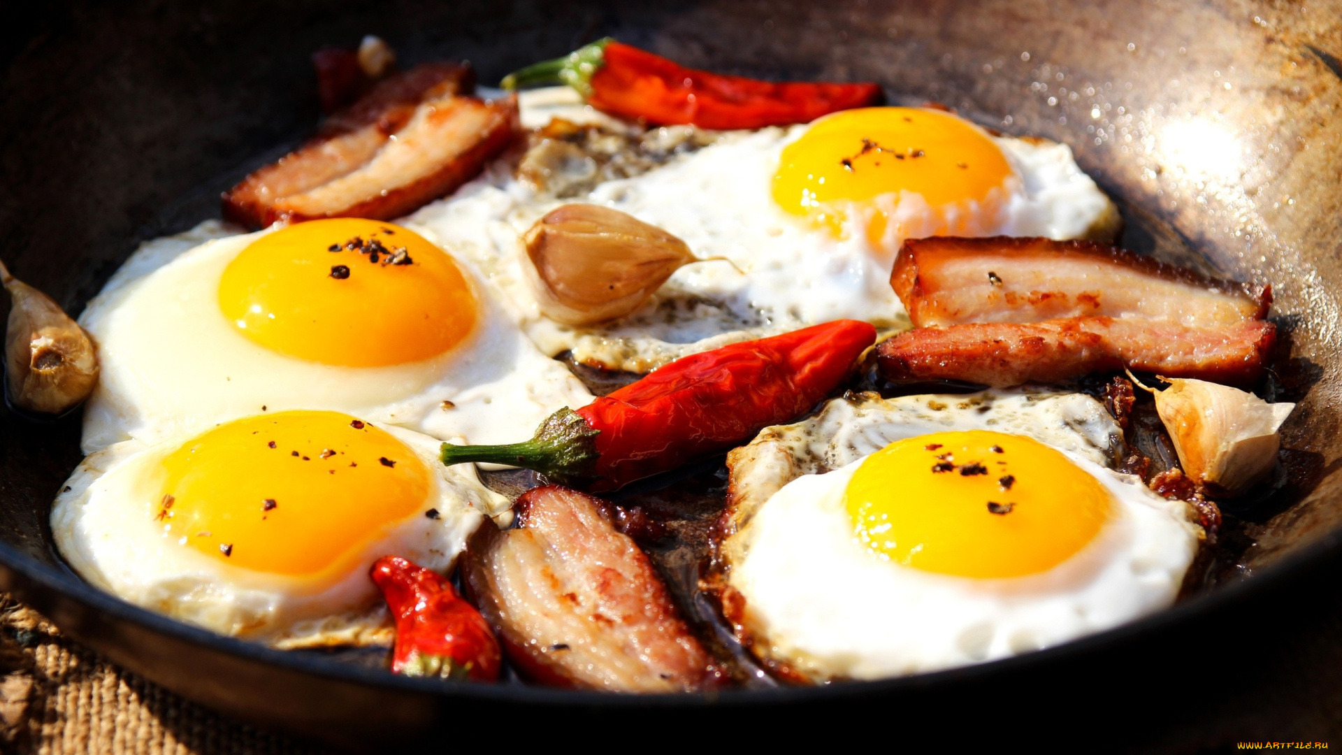 еда, Яичные, блюда, глазунья, перец, чеснок, сало