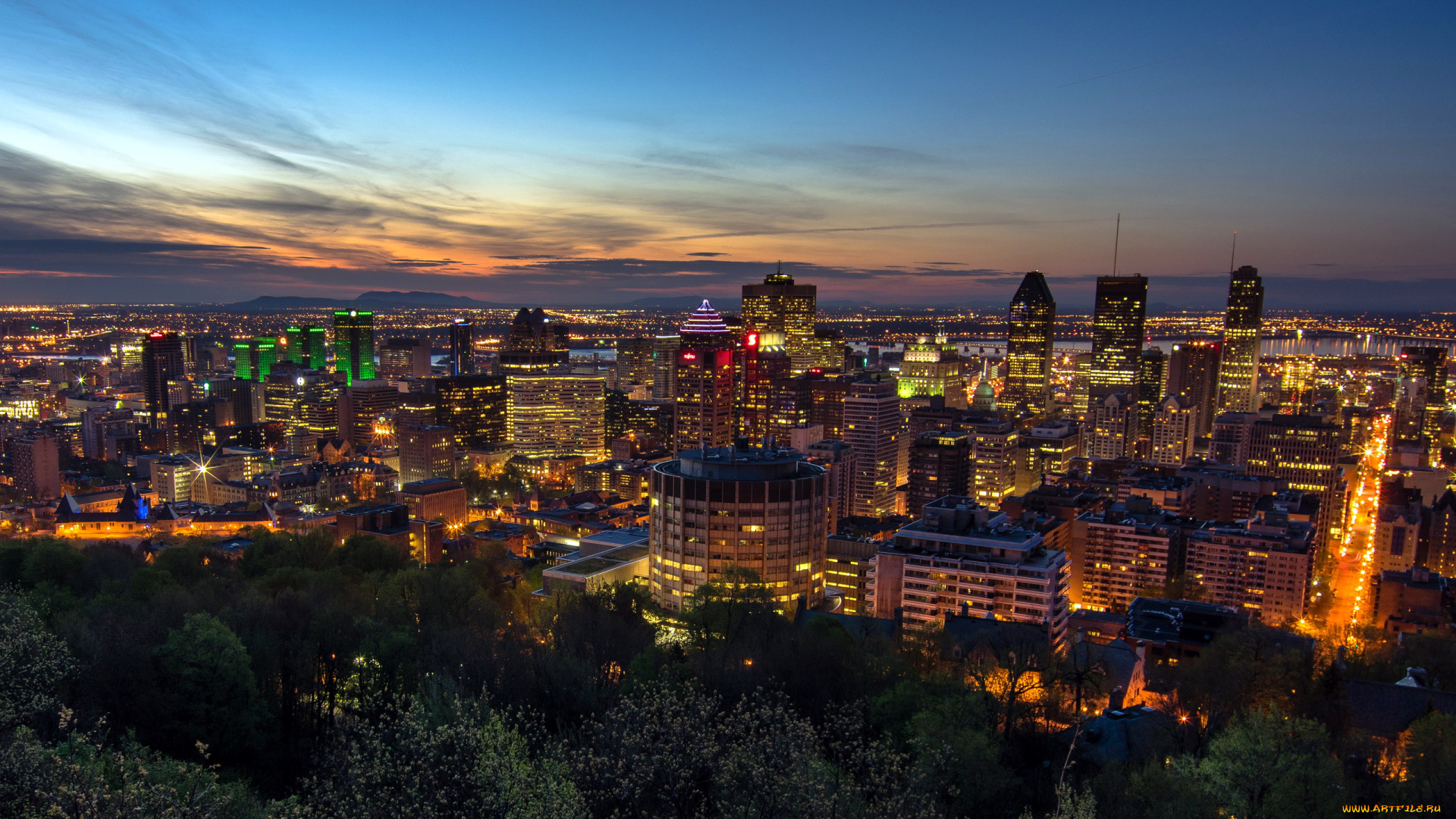 города, монреаль, , канада, панорама, вечер, огни