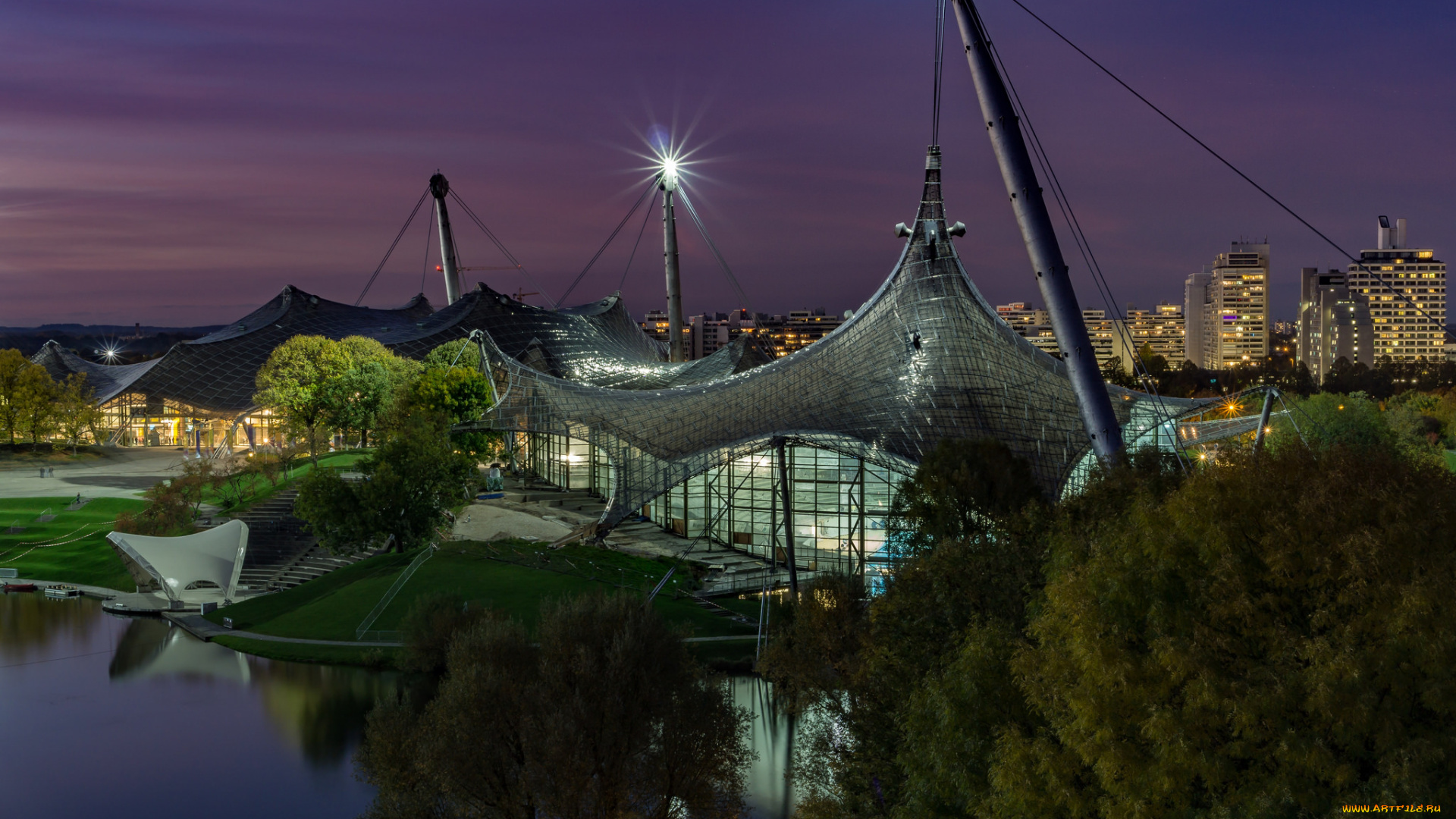 olympic, park, munich, города, мюнхен, , германия, панорама, огни, ночь