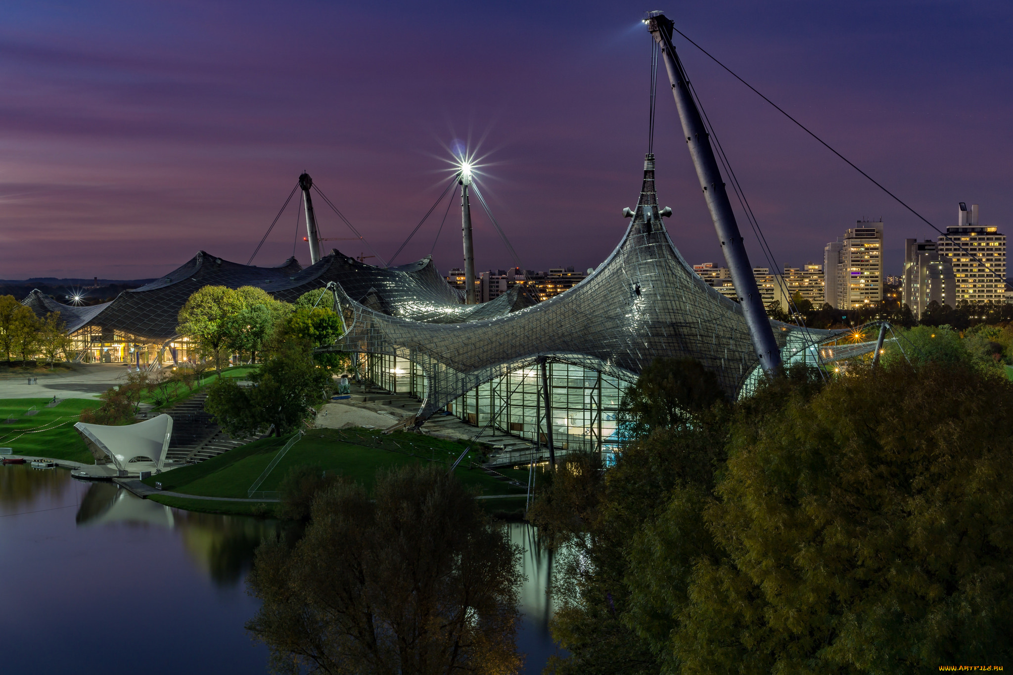 olympic, park, munich, города, мюнхен, , германия, панорама, огни, ночь