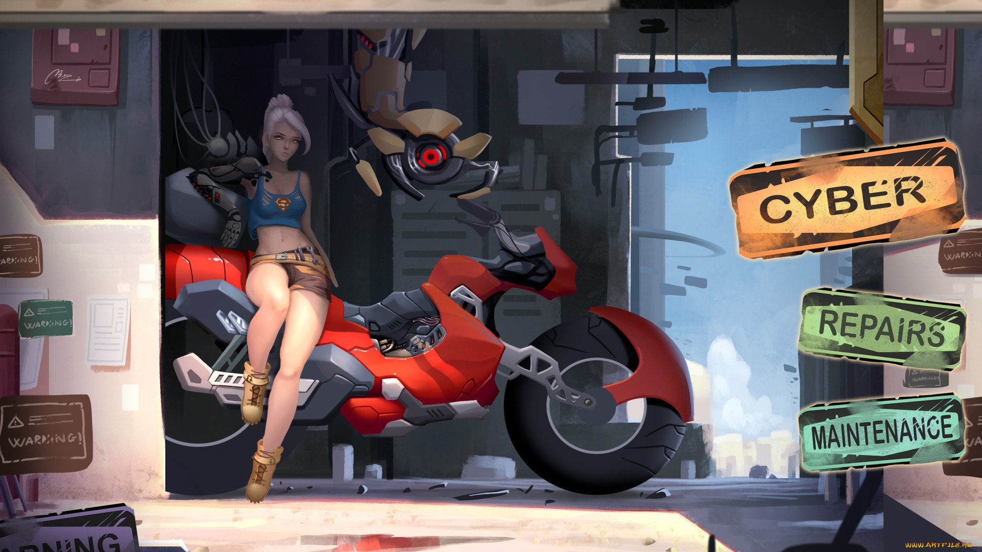 фэнтези, девушки, for, fun, bac, boom, by, cyberpunk, biker, sci-fi, bike, фантастика, art, арт, fantasy, гараж, мотоцикл, girl, роботы, девушка