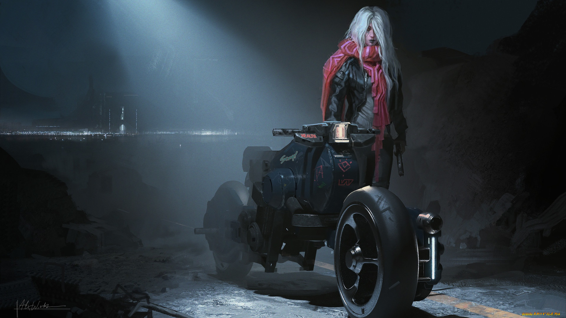 фэнтези, девушки, транспорт, illustration, art, мотоцикл, ночь, девушка