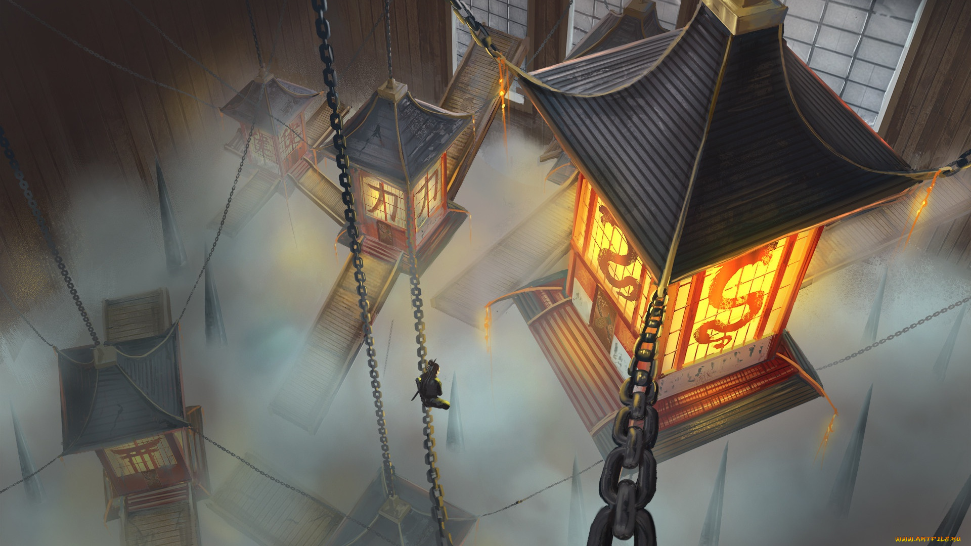 фэнтези, иные, миры, , иные, времена, лампы, цепи, japan, фонари, Япония, дым, рисунок