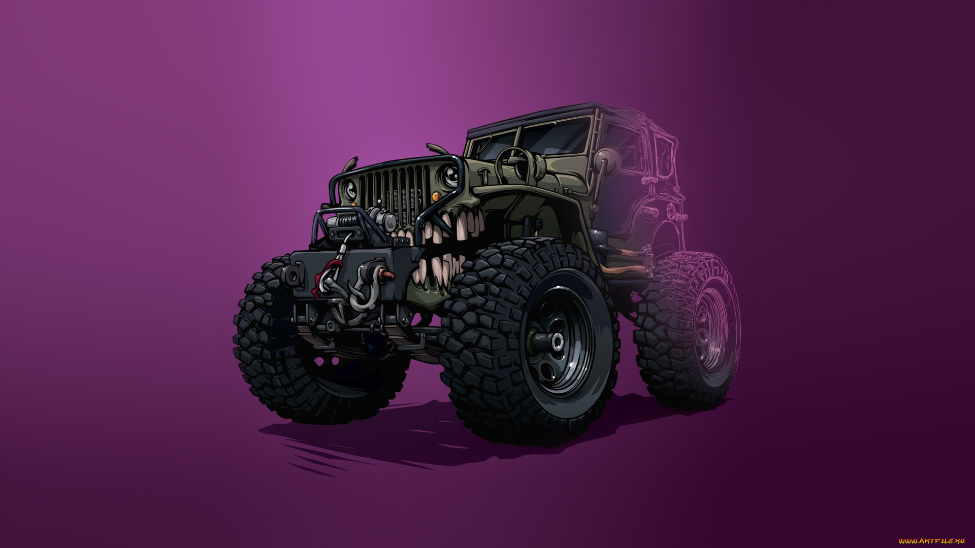 рисованное, минимализм, car, фон, машина, jeep, vehicles, оскал, транспорт, illustration, art, creatures, transport, зубы