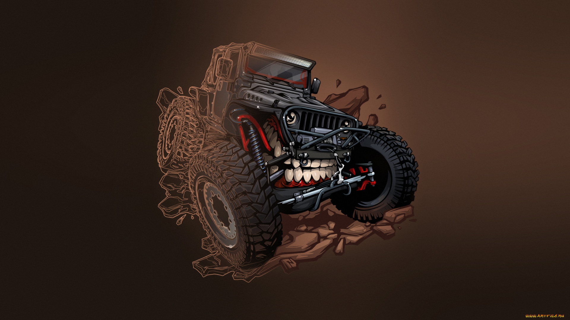 рисованное, минимализм, transport, vehicles, creatures, оскал, jeep, транспорт, art, illustration, car, фон, зубы, машина