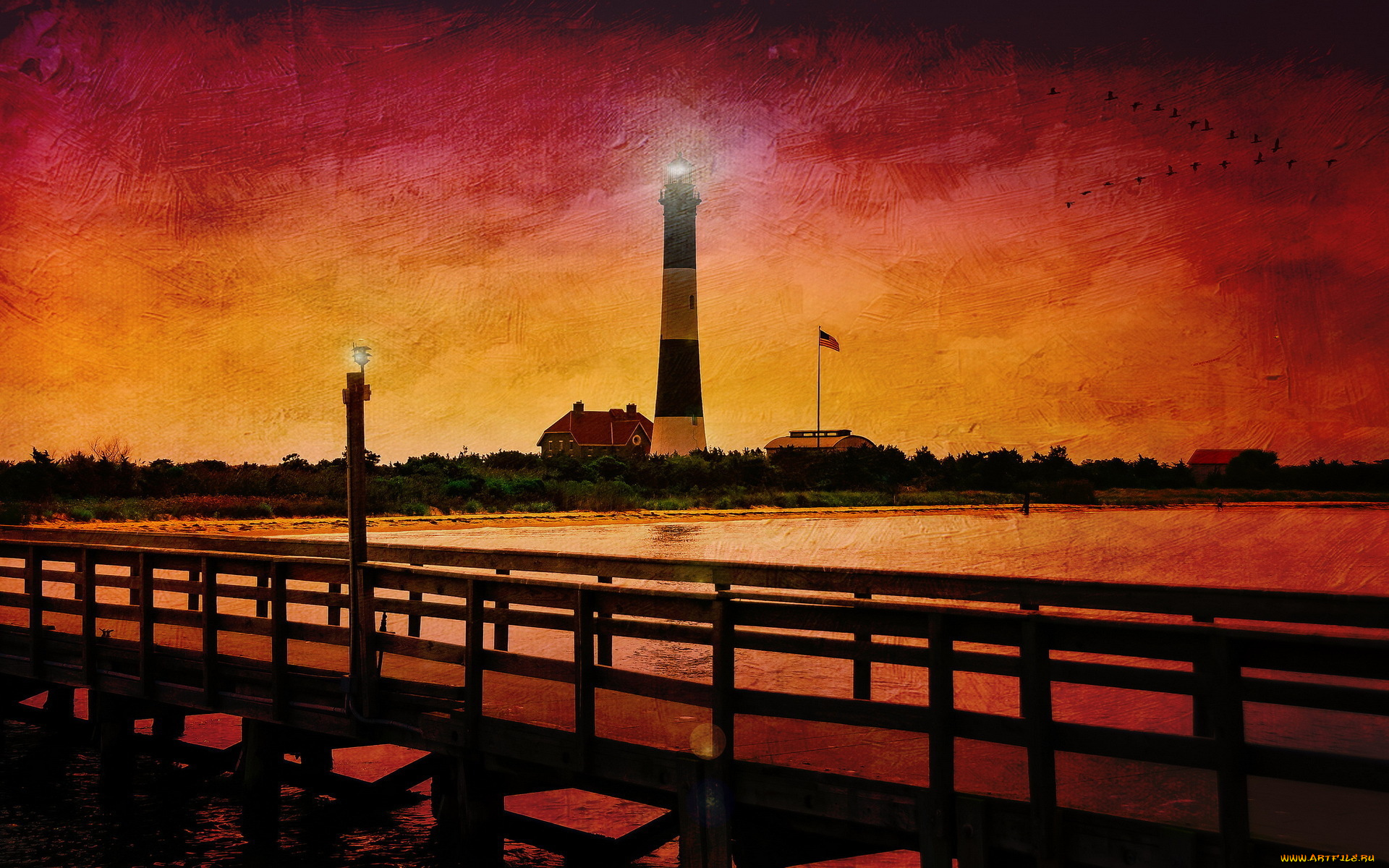 рисованное, города, дома, река, мост, маяк